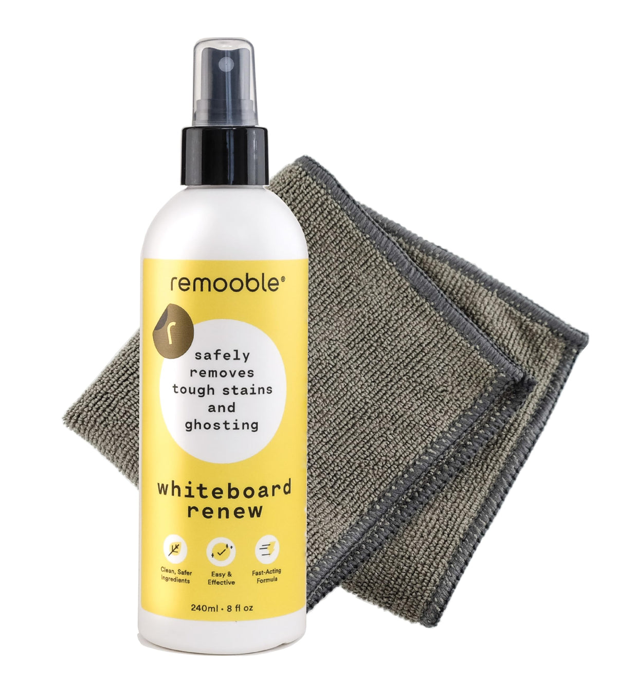 Remooble Whiteboard Reiniger Spray & Mikrofasertuch - Entfernt sicher hartnäckige Flecken und Schatten, 236 ml.