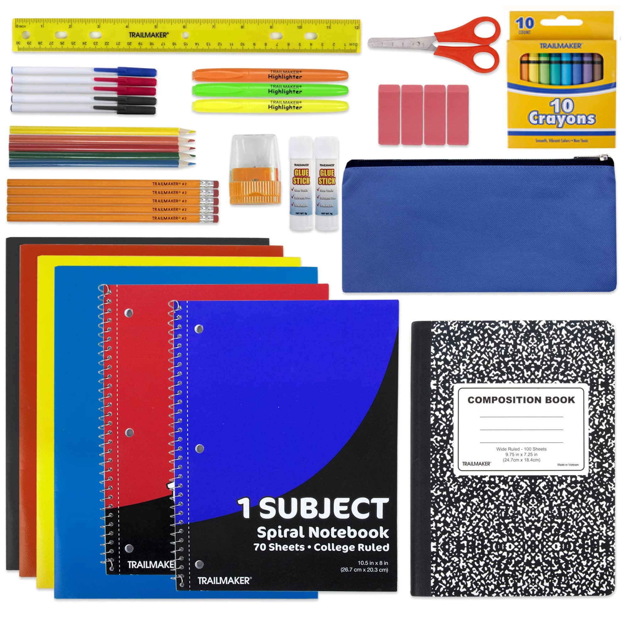 Trail maker 45 Piece School Supply Kit Grades K-12 - School Essentials Includes Folders Notebooks Pencils Pens and Much More!