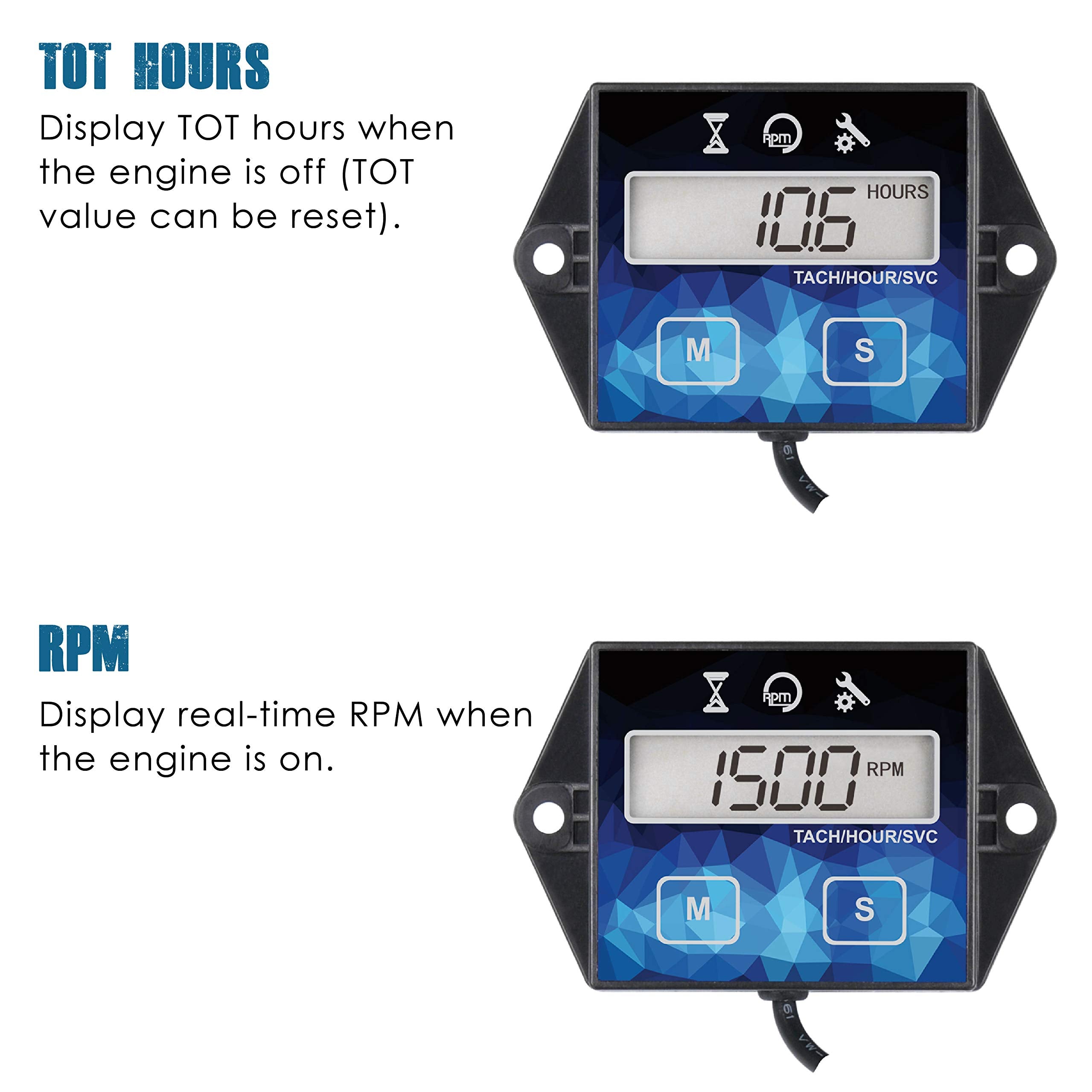 Runleader Small Engine Hour Meter, Digital Tachometer, Maintenance Reminder, Battery Replaceable, User Shutdown, Use for ZTR Lawn Mower Tractor Generator Marine Outboard ATV (HM011F)
