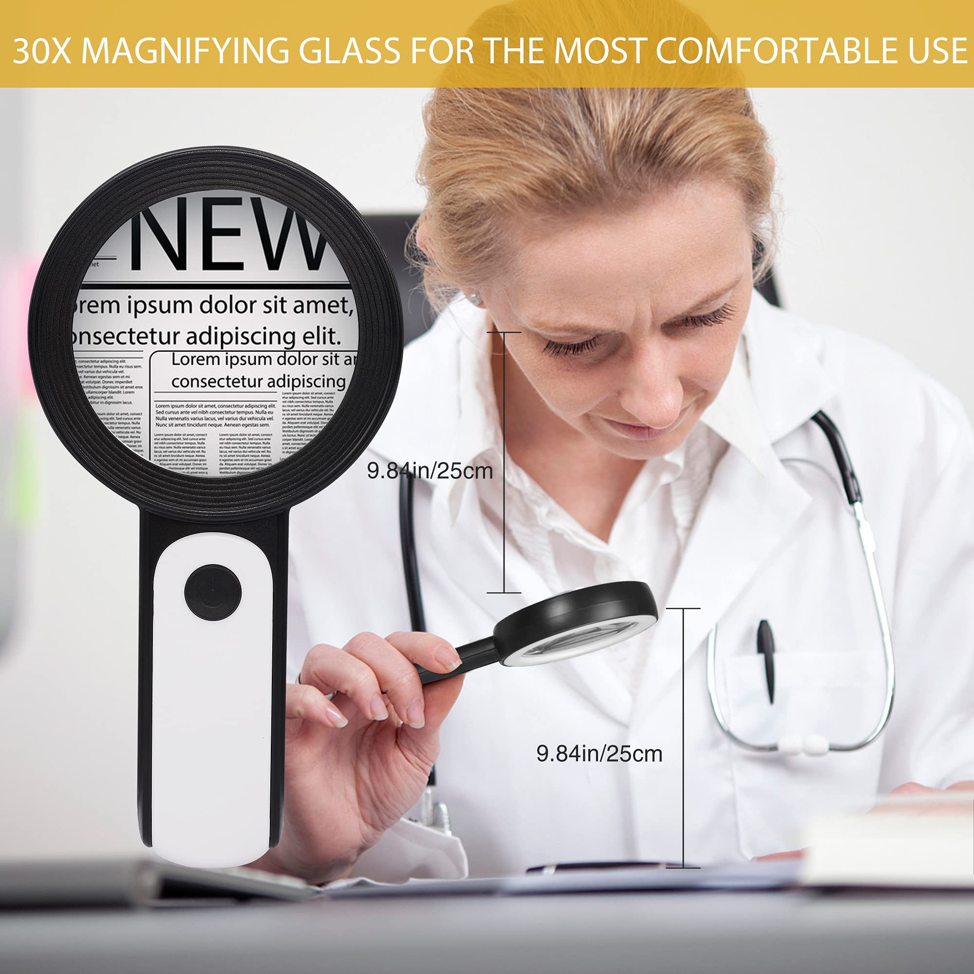 JMH Magnifying Glass with Light, 30X Handheld Large 18LED Cold and Warm Light with 3 Modes, Illuminated Magnifier for Seniors Reading, Inspection, Coins, Jewelry, Exploring