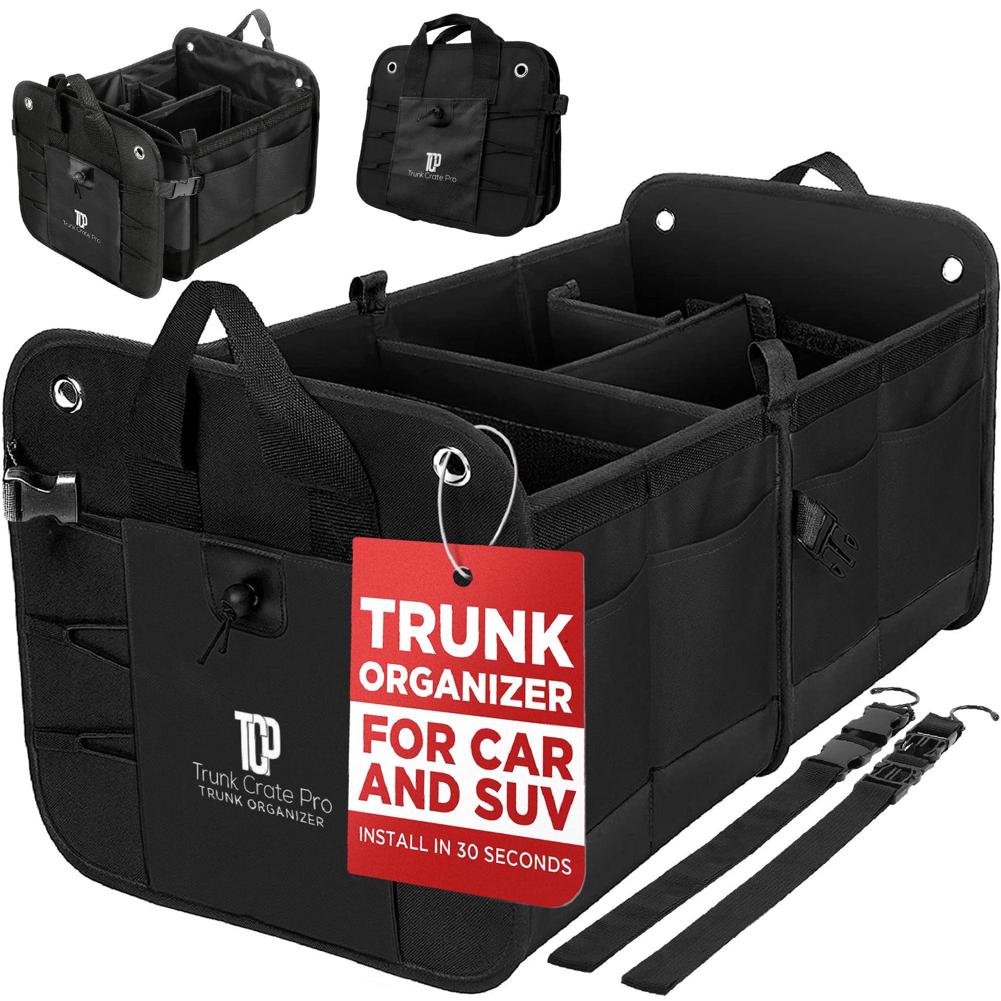 TRUNKCRATEPRO Kofferraum-Organizer für Pkw, SUV, LKW | Premium verstellbarer Kofferraum-Organizer mit mehreren Fächern, zusammenklappbar, mit Befestigungsgurten und rutschfestem Boden (Große Größe, Schwarz)