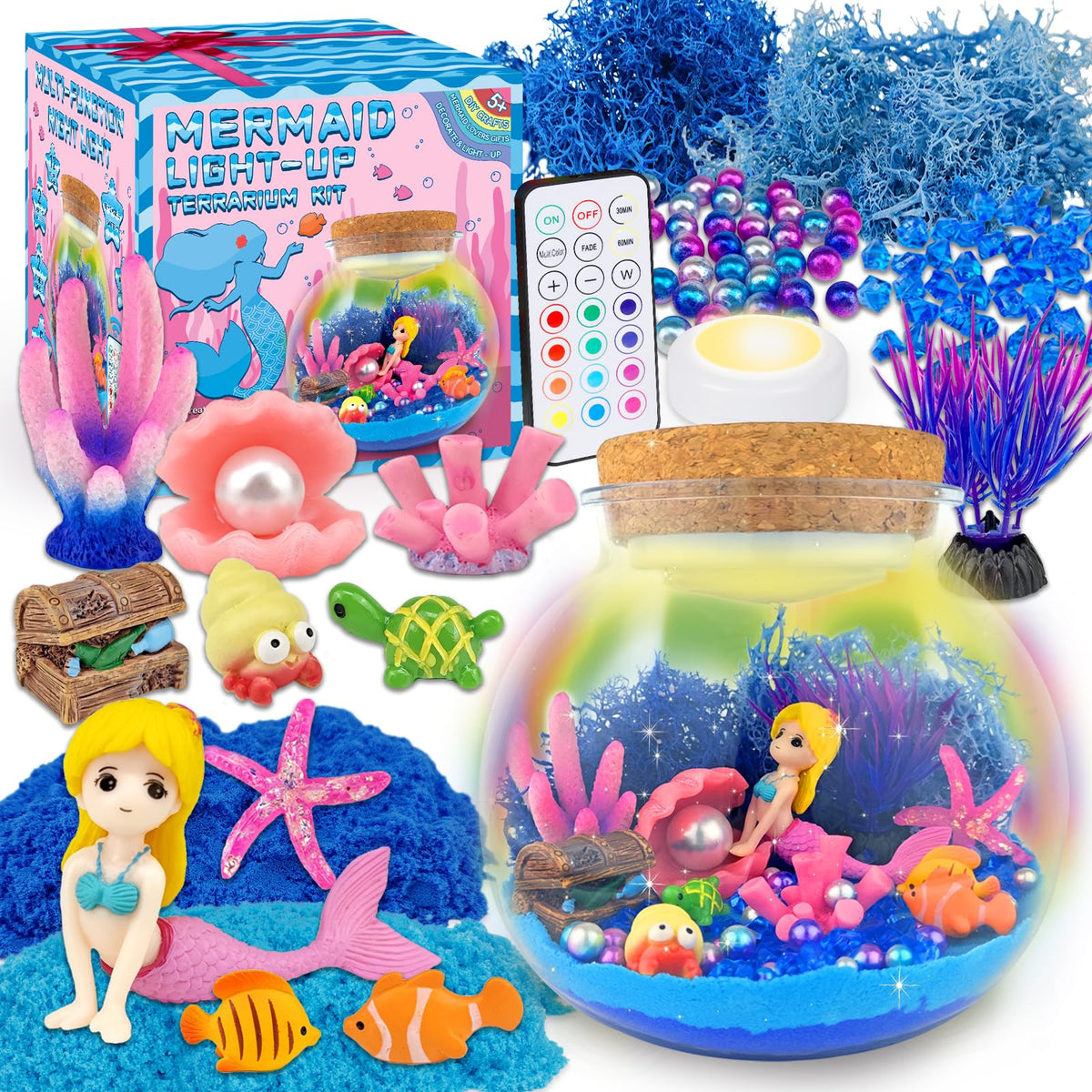 Meerjungfrauen-Terrarium Bastelset für Kinder – LED Nachtlicht & Fernbedienung Meerjungfrauen-Geburtstagsgeschenke Spielzeug für Mädchen im Alter von 5 6 7 8 9 10 11 12 Jahren