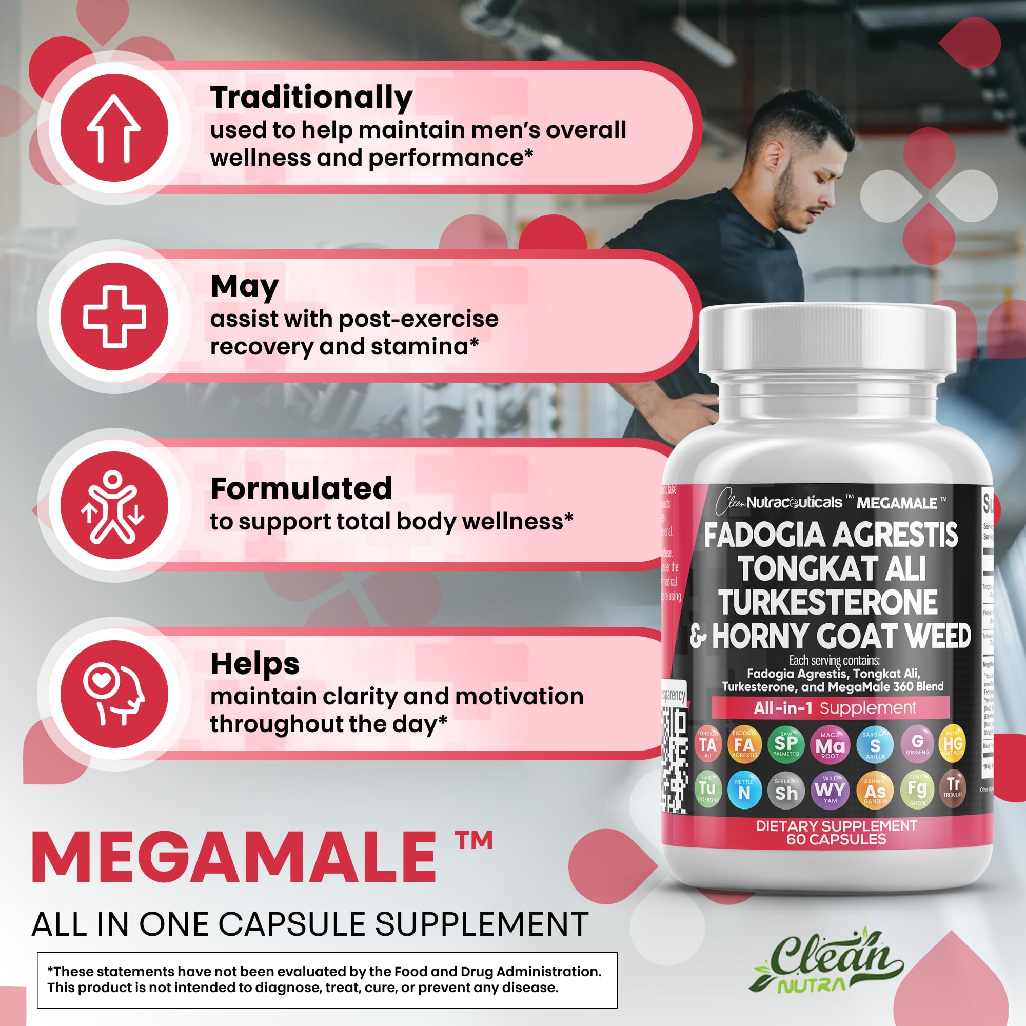 Clean Nutraceuticals Fadogia Agrestis Tongkat Ali Turkesterone Supplement with Horny Goat Weed, Saw Palmetto, Maca Root, Siberian Ginseng, Tribulus Terrestris, Fenugreek, Wild Yam - 60 Count
