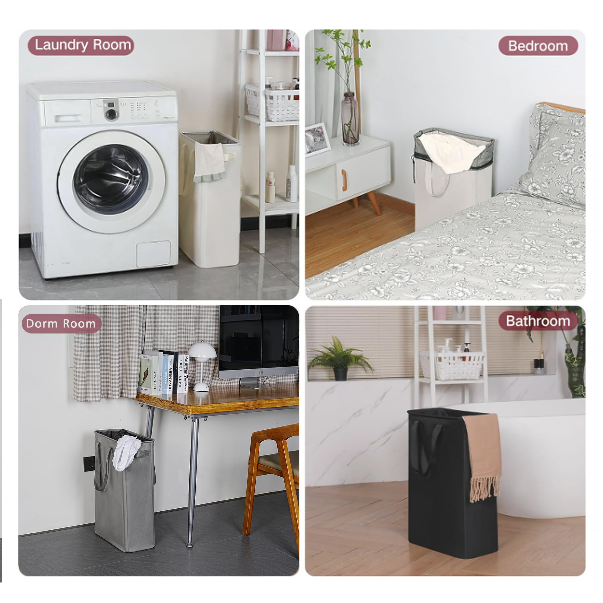 efluky Slim Laundry Basket, Narrow Laundry Hamper with Handles, Collapsible Dirty Clothes Hamper, Tall Laundry Bin for Laundry Room, Dorm and Bedroom, 12.7 Gallons(48L) Beige