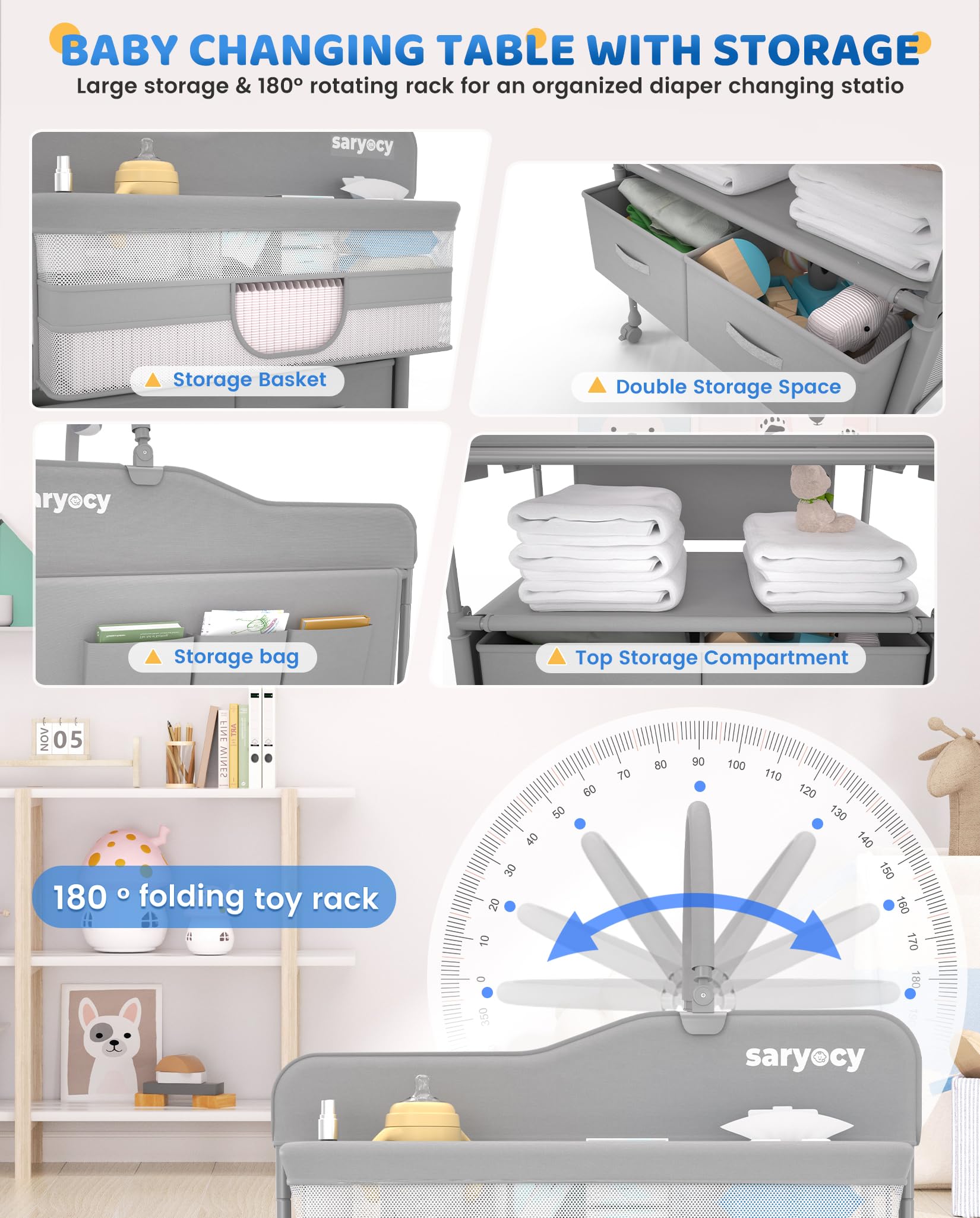 Saryocy Baby Changing Table, Versatile Folding Changing Table, Waterproof Diaper Changing Station, Adjustable Height with 2 Drawers,Baby Changing Station, Mobile Nursery for Infant and Newborn