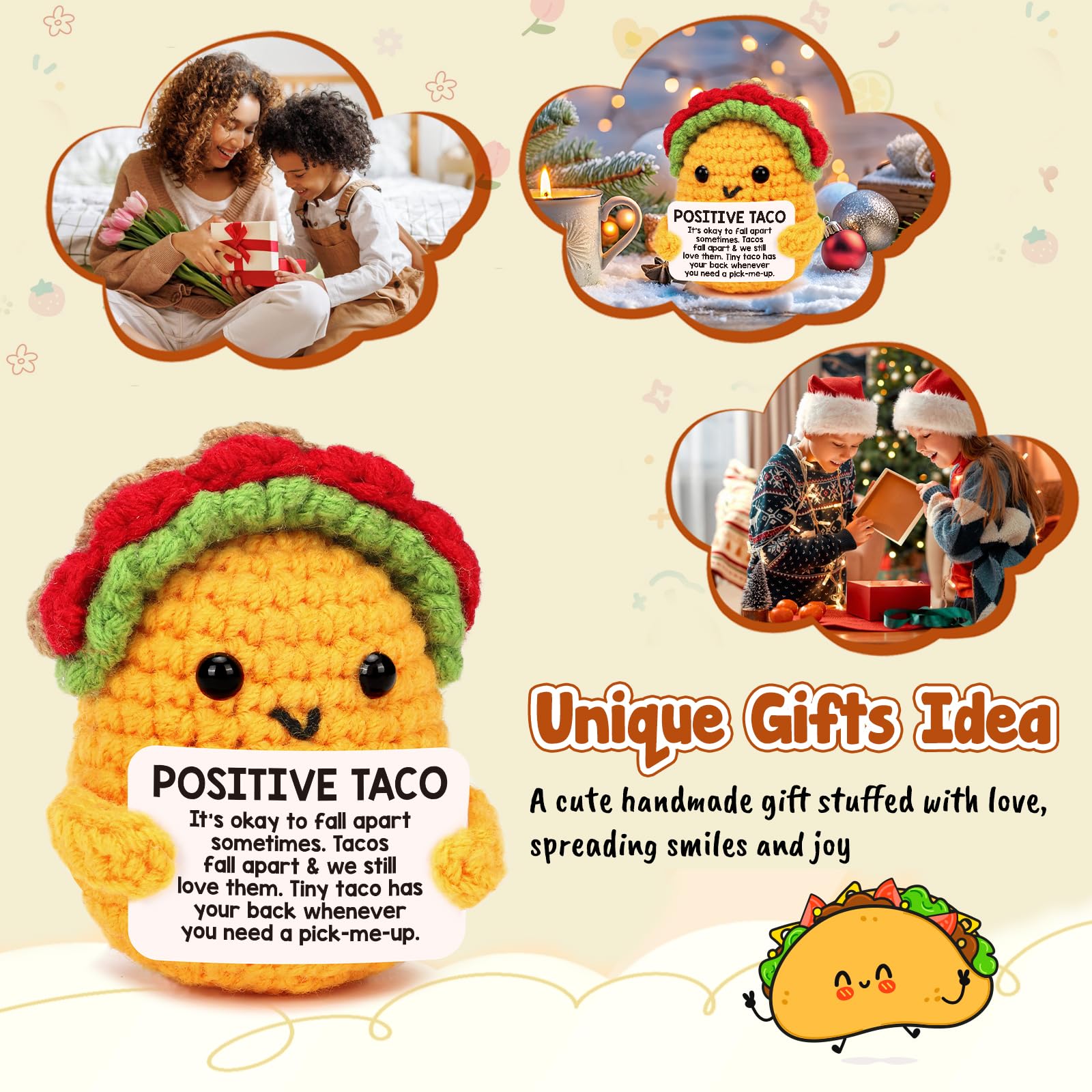 Positive Crochet Taco Christmas Birthday Gifts for Women Men Self Care Thanksgiving Basket Son Mom Dad Daughter Sister Friend Coworkers Relaxation Gift Desk Home Decor Emotional Inspirational Support