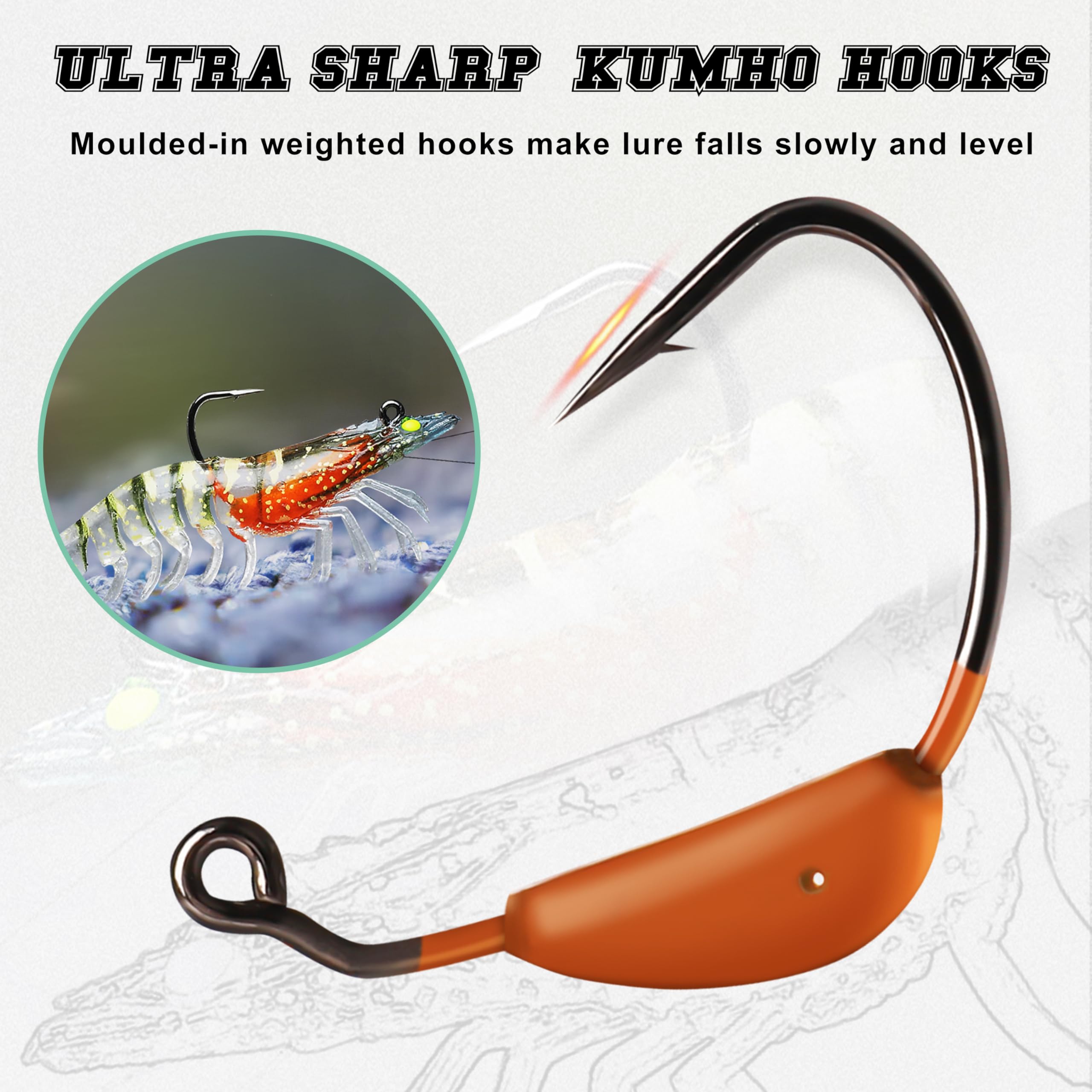 TRUSCEND Pre-Rigged Fishing Jigs, 1:50 Super Durable TPE Bass Fishing Lures, Well-Made Lifelike Soft Shrimp Swimbait, Weedless MarshSwamp Fishing Lure for Trout Crappie Walleye, Keep Separately!