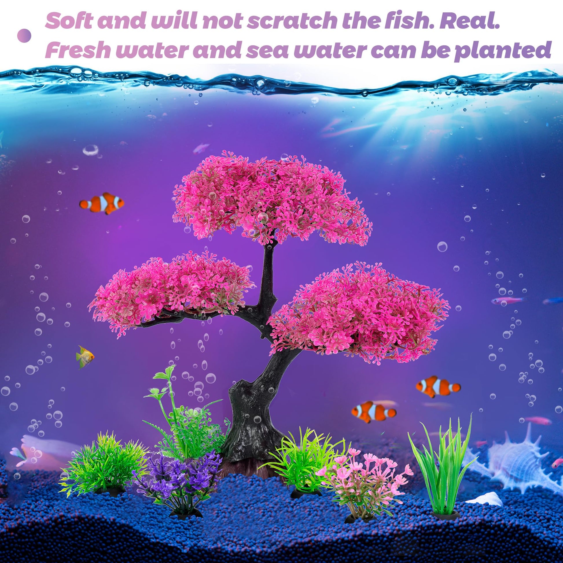 Ameliade Aquarium Artificial Plastic Plants Decoration, Pink Cherry Blossom Tree Aquarium Decor Set, Goldfish Betta Fish Tank Decorations Hides Accessories（Pink