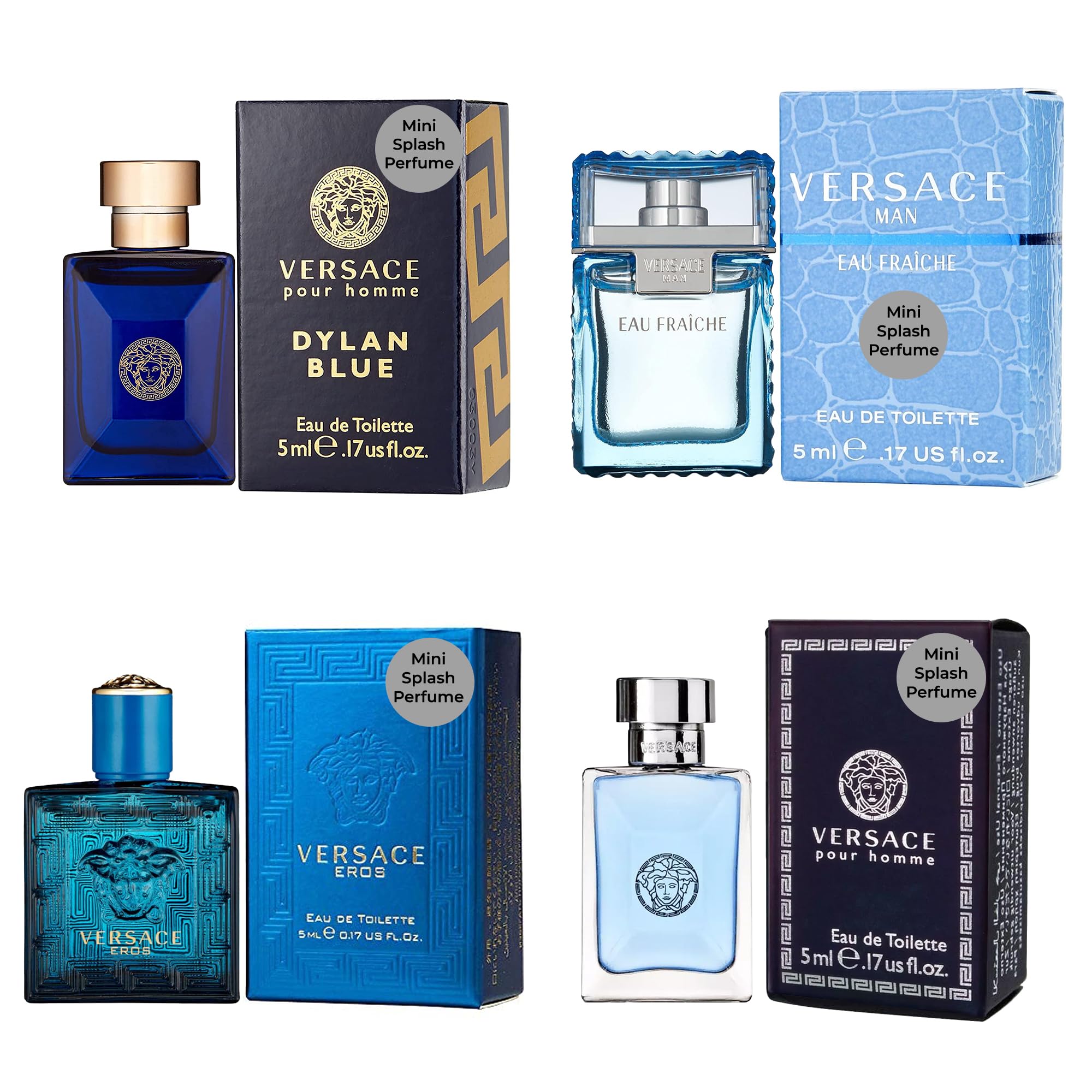 Versace Köln für Herren Set aus 4 Mini Eros, Pour Homme, Dylan Blue, Eau Fraiche Parfüm für Herren Duft-Probierset - Designer Herren Köln Proben (4 Stück, 5 ml)