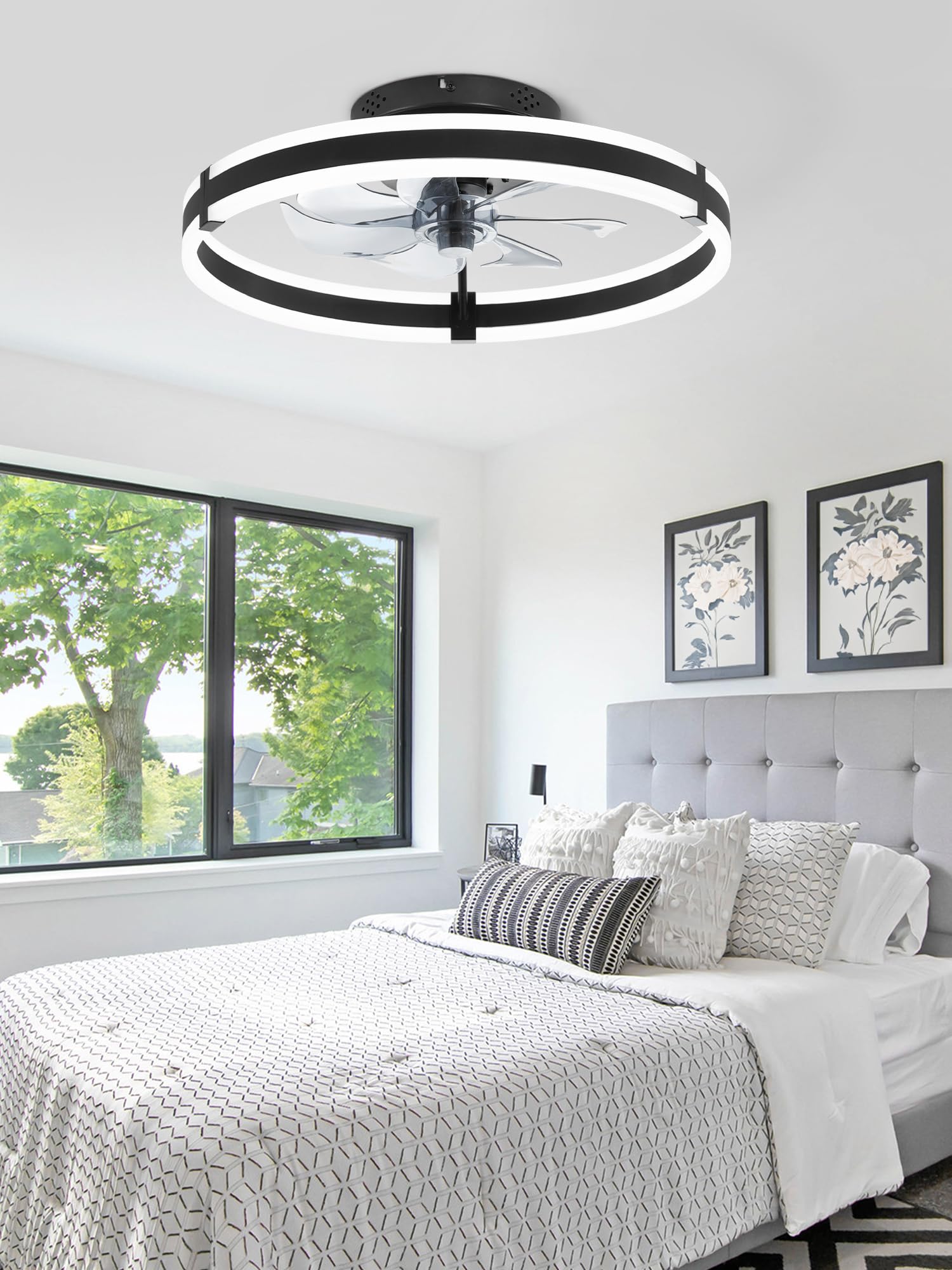 ZMISHIBO Ceiling Fans with Lights and Remote, 19.7'' Low Profile Ceiling Fan, 3000-6000K Dimmable Modern Flush Mount LED Fan Light, 6 Wind Speeds, Black Fandelier Ceiling Fans for Bedroom
