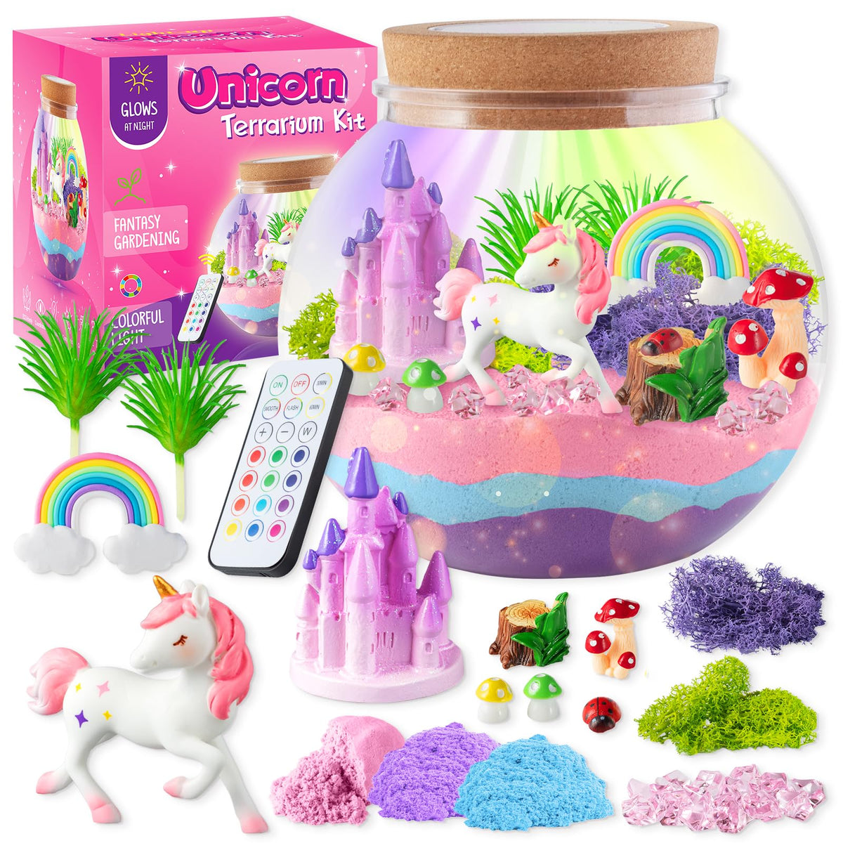 Einhorn-Leucht-Terrarium-Kit für Kinder – LED-Nachtlicht-Geburtstagsgeschenk für Mädchen im Alter von 4, 5, 6, 7, 8-12 Jahren – Einhorn-Spielzeug für Mädchen – DIY Bastelset für Kinder