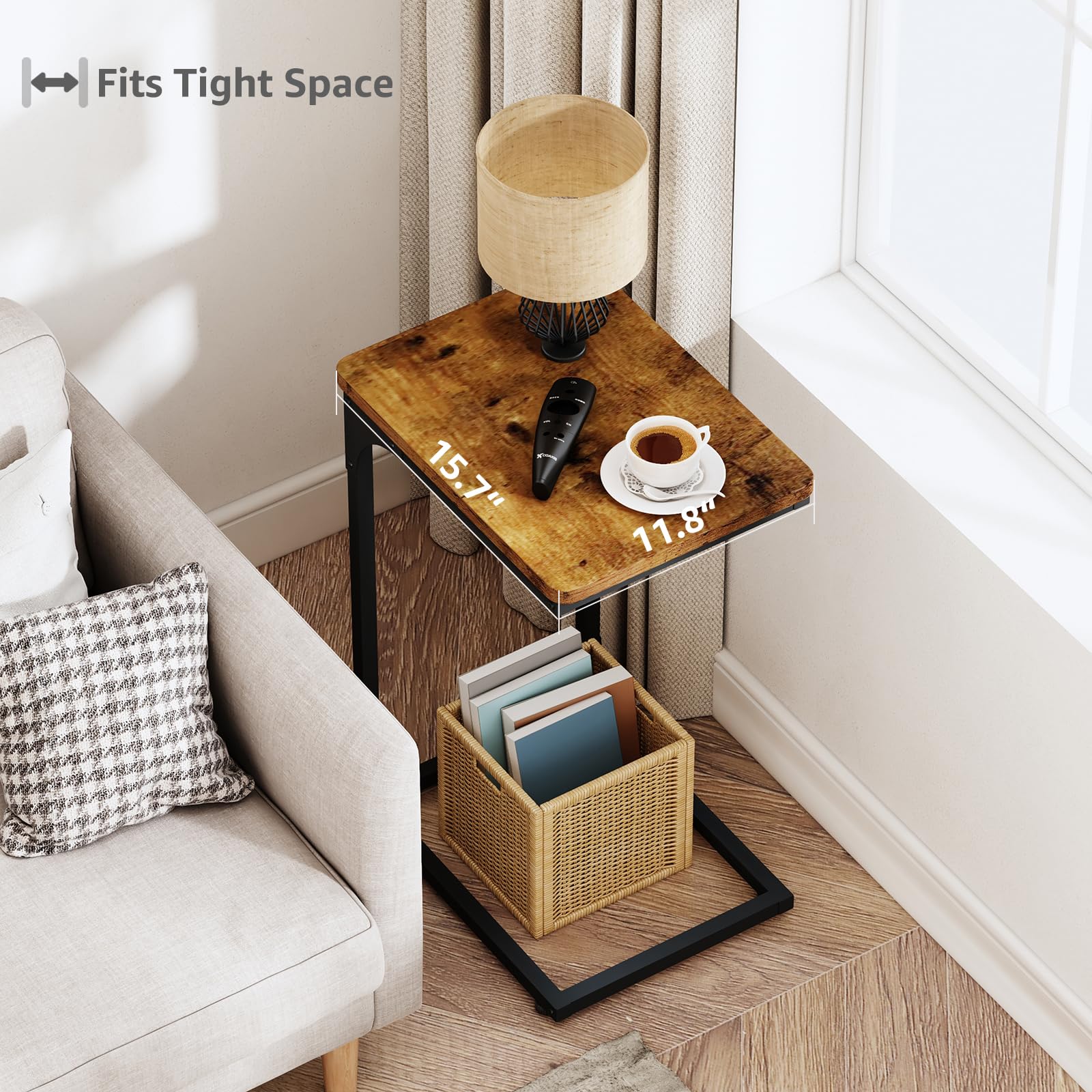 QEEIG C Table Side Table Set of 2 Living Room Sets C Shaped Couch Tray End Tables Farmhouse, Rustic Brown (017-30BN)