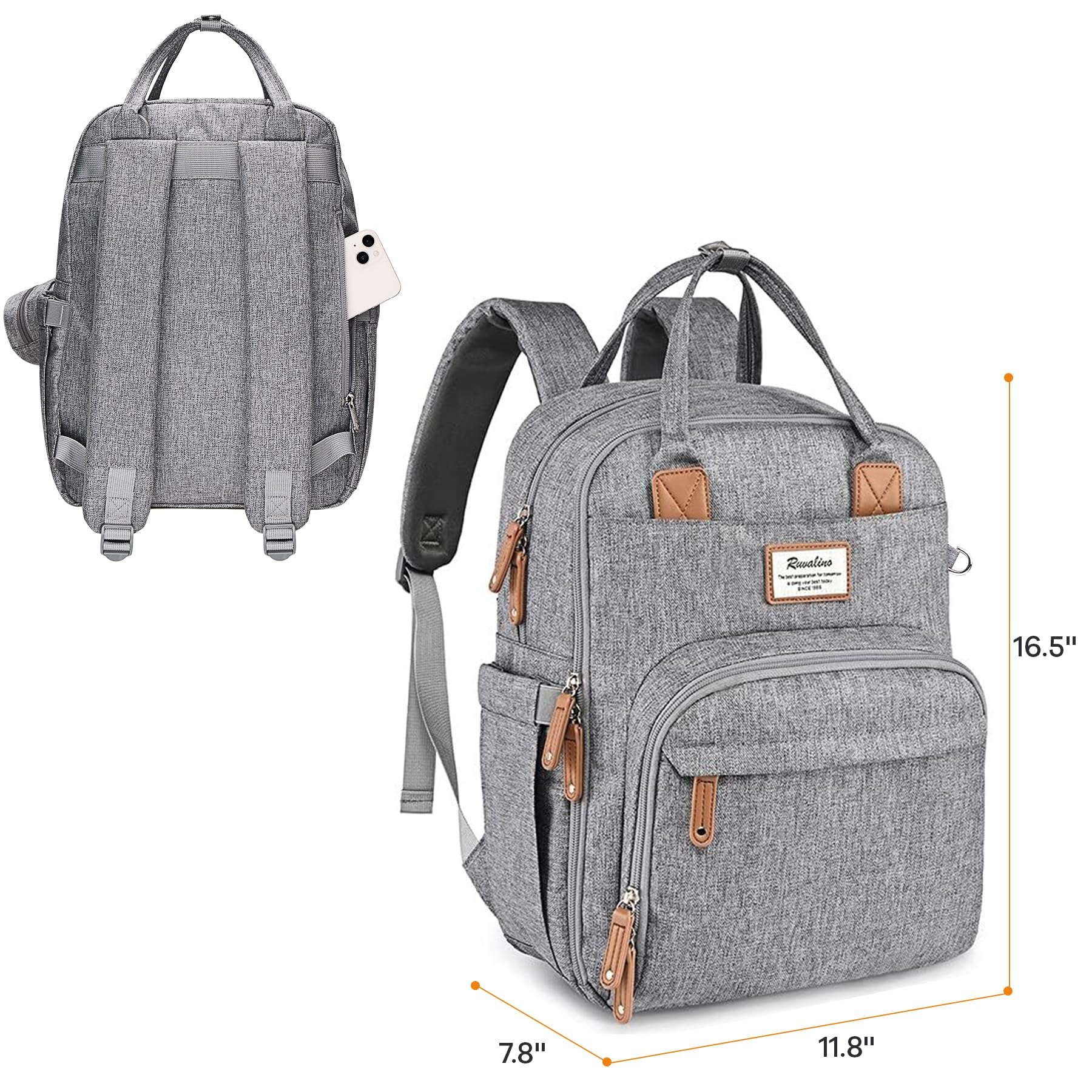 RUVALINO Diaper Bag Backpack-Multifunction Travel Baby Diaper Bag with Changing Pad, Insulated Bottle Holders & Pacifier Case, Large Capacity, Waterproof, Gray