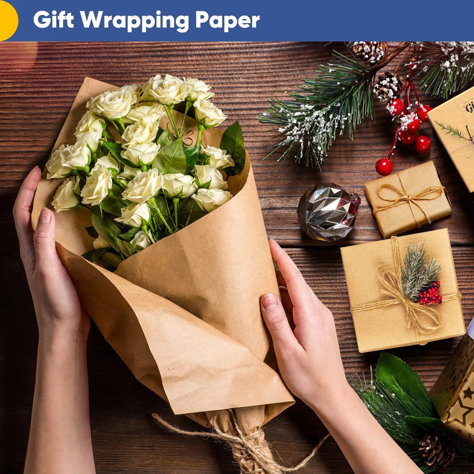 Vanhench Brown Wrapping Paper, Craft Kraft Paper 17.5"x 1200"(100') for Gift Wrapping Bulletin Board Arts & Crafts, Bouquet Flower Table Covering Poster Packing Shipping Christmas Supplies 70GSM 50LB