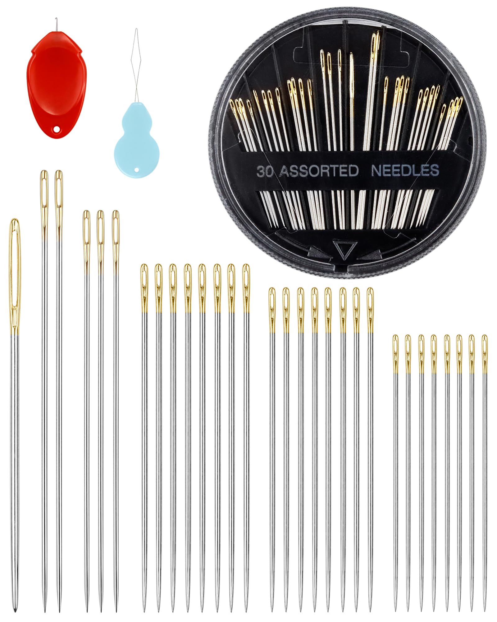 FIVEIZERO 30-Count Premium Hand Sewing Needles, 6 Sizes Embroidery Needles Kit with Threaders for Hand Sewing Crafts,Large Eye Sewing Needle Kit for Art and Craft Projects
