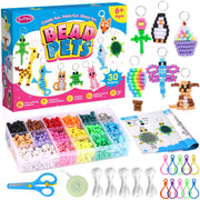 Funtopia Beads for Crafts, Pony Beads Keychain Making Kit, Bead Pets Art Crafts for Kids Beginners, Birthday Party DIY Craft for Girls Boys (1500 Beads, 30 Designs)