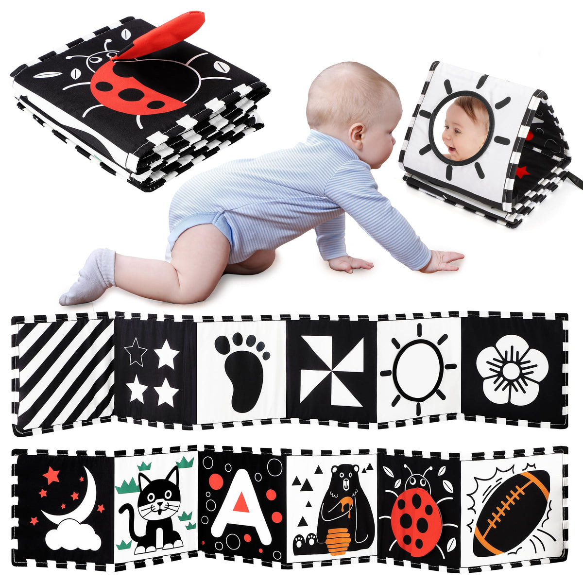 URMYWO Schwarz-weiße Babyspielzeuge, Bauchzeit-Spielzeuge mit hohem Kontrast für Neugeborene 0-3 Monate, weiches Babybuch, visuelle Stimulation Montessori Sinnes-Babyspielzeuge 0-6-12 Monate, Duschgeschenk für Jungen und Mädchen