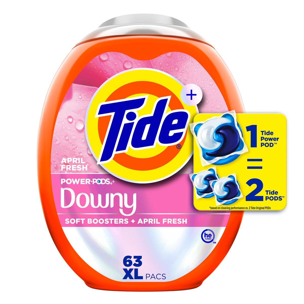 Tide Power PODs 2-in-1 Waschmittel-Pods mit Downy Soft Boosters, langanhaltende Frische mit April Fresh Duft, 63 Stück