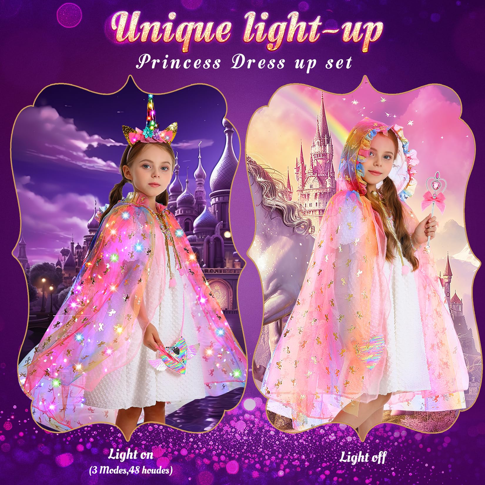 Fedio Princess Dress up for Girls,Unicorn Light up Princess Cape Set,Light up Princess Dress with Unicorn Toys for Girls 3-8 Halloween