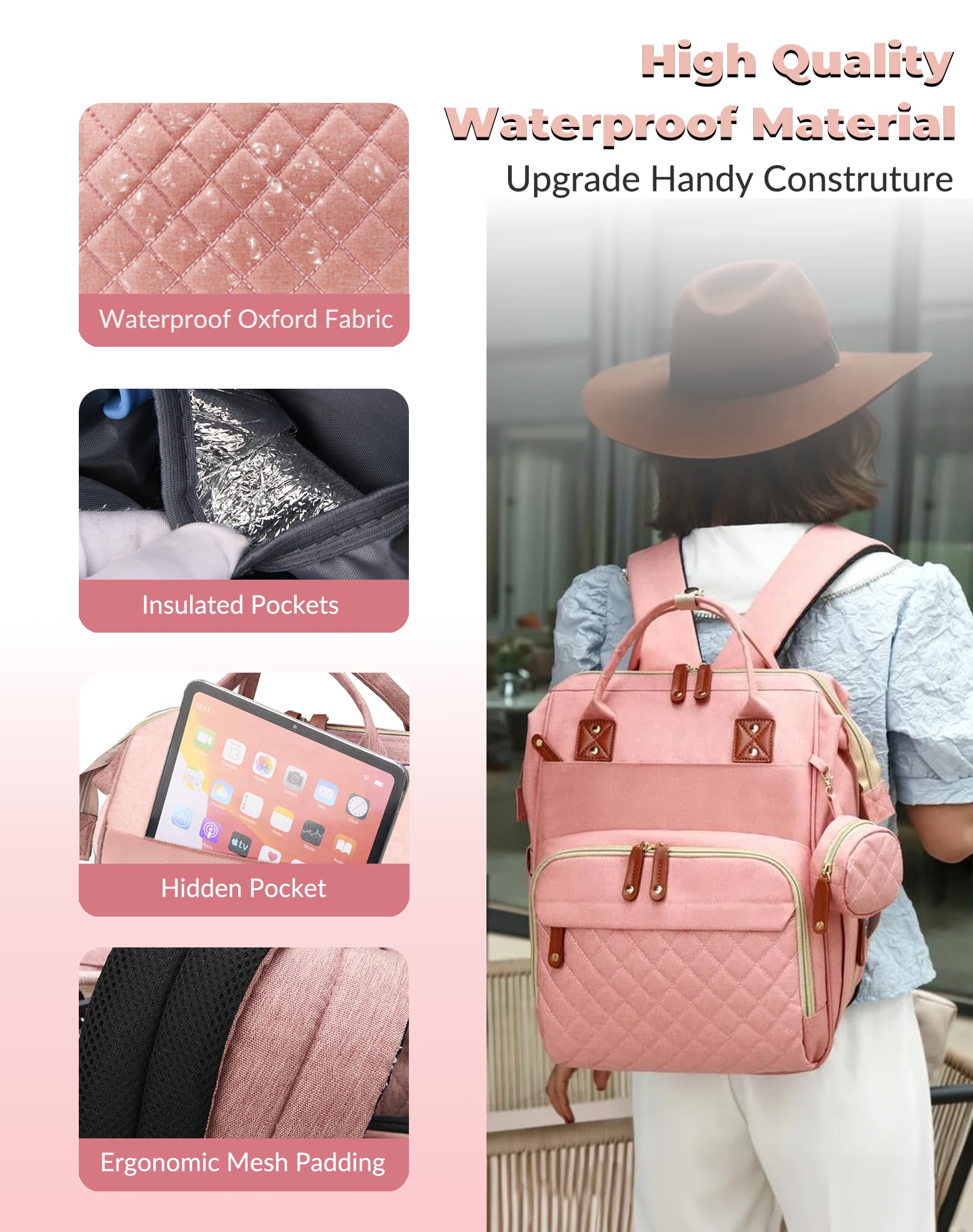 Diaper Bag with Changing Station, Waterproof 3 in 1 Baby Diaper Backpack with Foldable Changing Pad, Large Travel Back Pack for Baby Girl Boy, Peach Pink