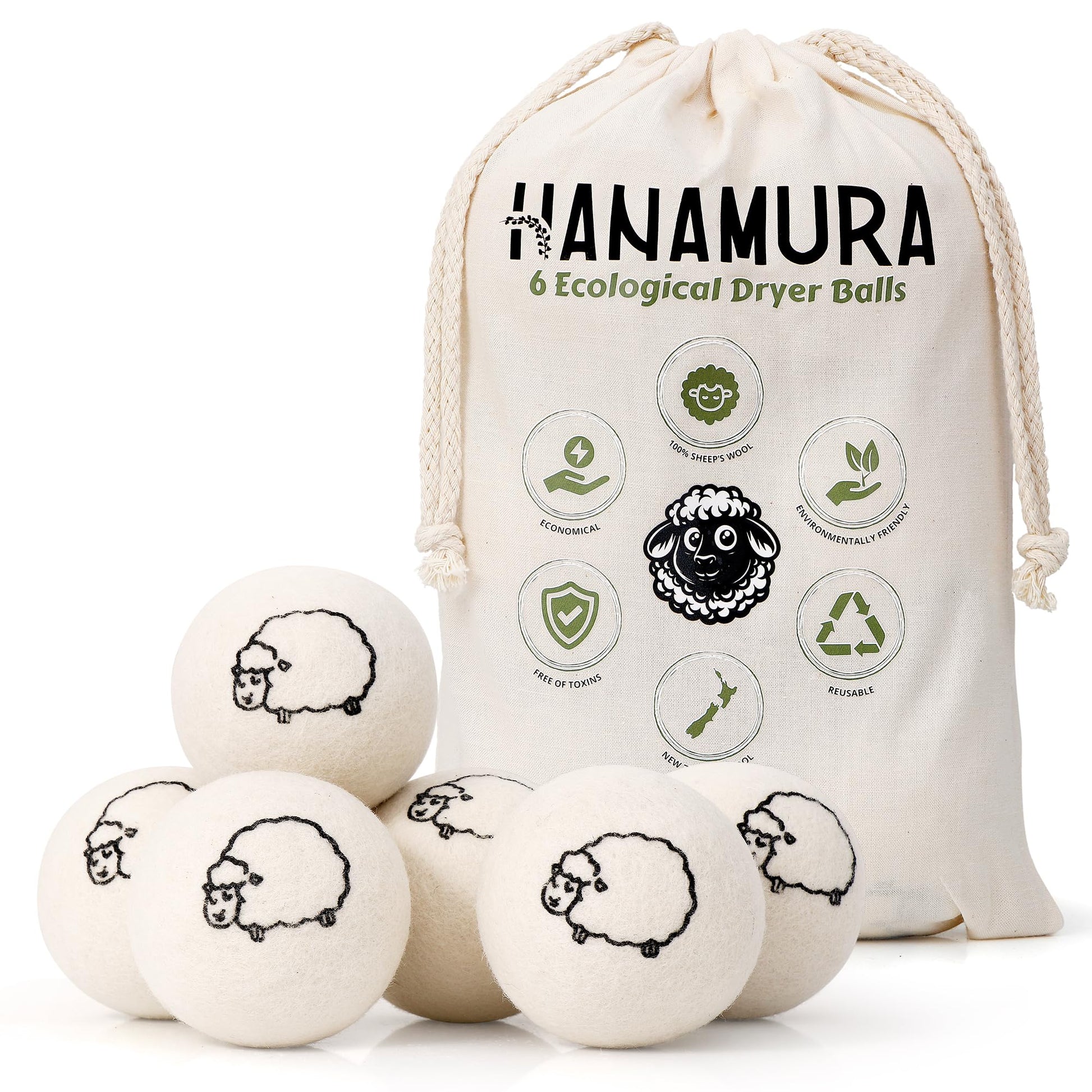 Hanamura 6 XXL Wool Dryer Balls - TÜV Tested 100% New Zealand Wool Balls for Dryer - Energy Saving & Baby-Safe Reusable Dryer Balls for Laundry - Non-Toxic Fabric Softener for WAD Free Laundry