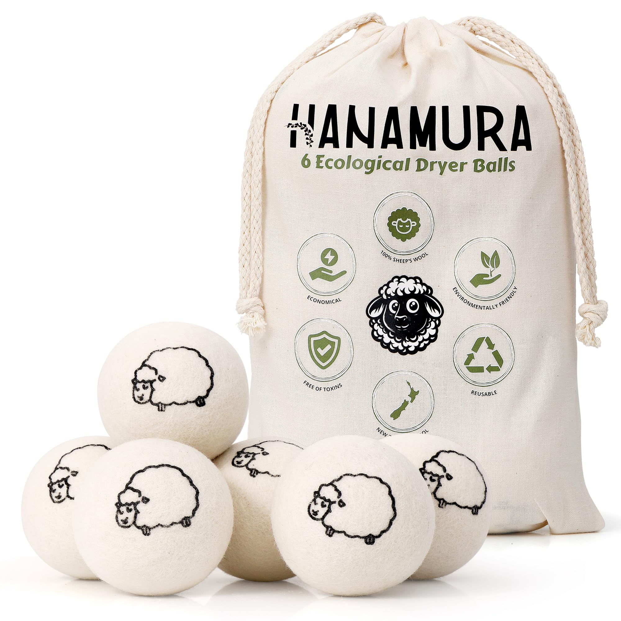 Hanamura 6 XXL Wool Dryer Balls - TV Tested 100% New Zealand Wool Balls for Dryer - Energy Saving & Baby-Safe Reusable Dryer Balls for Laundry - Non-Toxic Fabric Softener for WAD Free Laundry