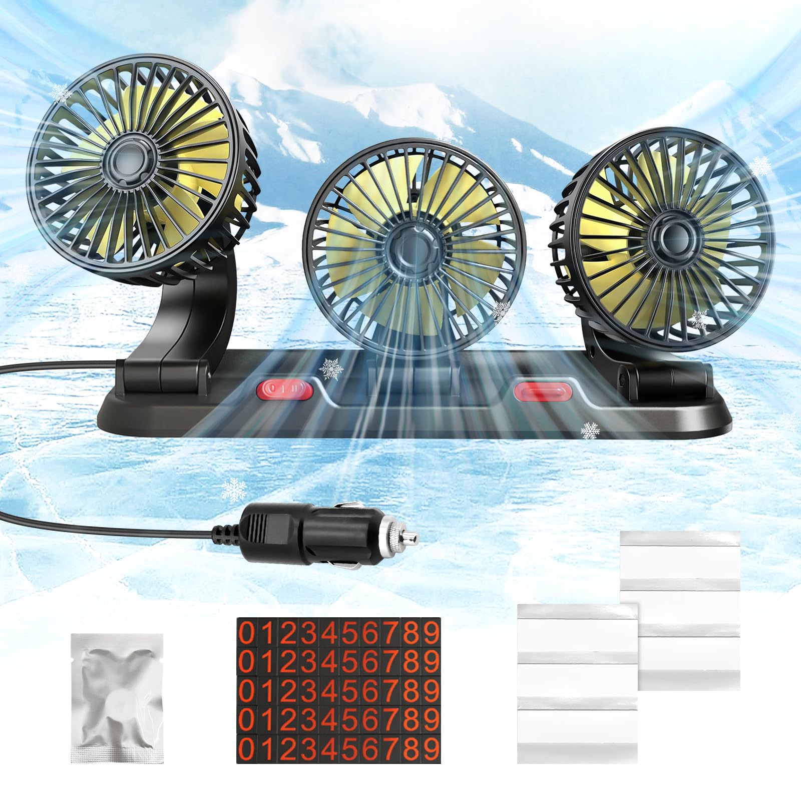 Portable 3-Head Car Cooling Fan - 2-Speed Adjustable, 360° Rotating, Cigarette Lighter Plug, Powerful Airflow for Vehicles, RVs, and SUVs