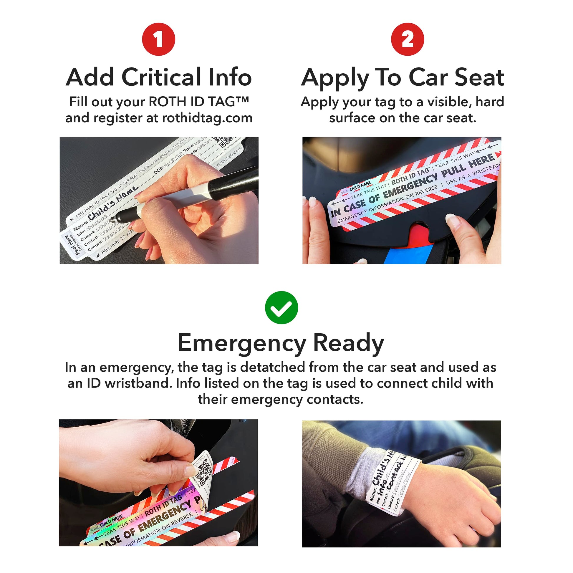 Original ROTH ID TAG™ Kit | Emergency Contact Identification System for Car Seats, Red, White, Black