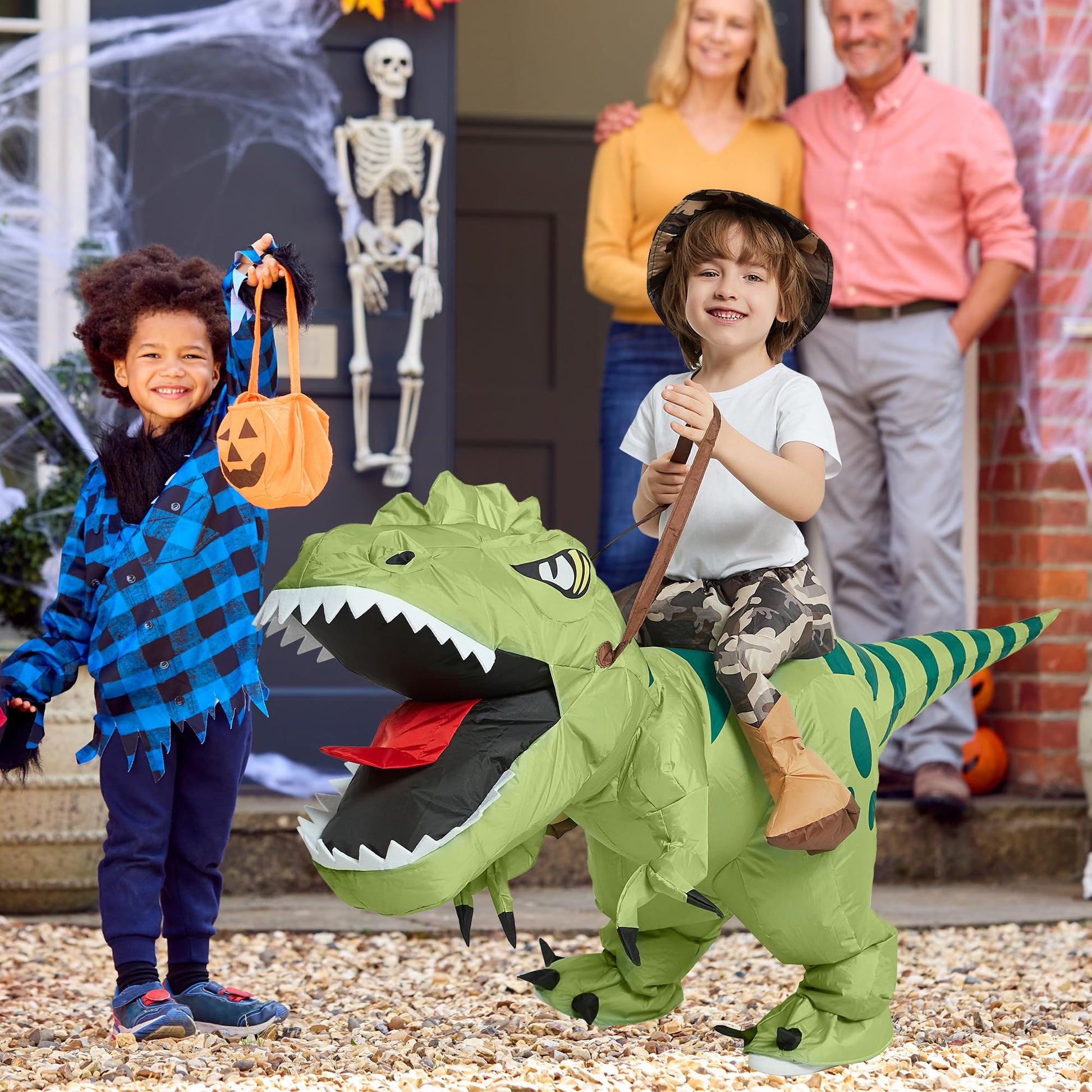 One Casa Inflatable Dinosaur Costume Riding T Rex Air Blow up Funny Fancy Dress Party Halloween Costume for Kids 4-6 Yrs