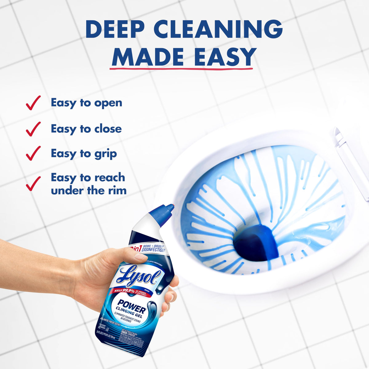 Lysol Toilet Bowl Cleaner, Max Strength Bathroom Cleaning Supplies, Toilet Bowl Cleaner Clinging Gel, Home Essential, Instant Stain Removal, Disinfecting and Deodorizing, Bleach Free, 24 oz (9 ct)