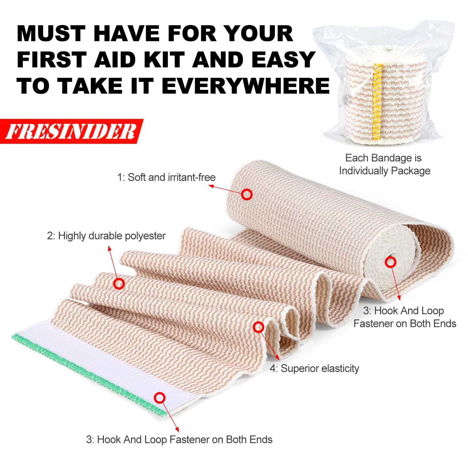 FRESINIDER Premium Elastic Bandage Wrap, 6 Pack 4" Cotton Latex Free Compression Bandage Wrap with Touch Closure at Both Ends, Support & First Aid for Sports, Medical, and Injury Recovery