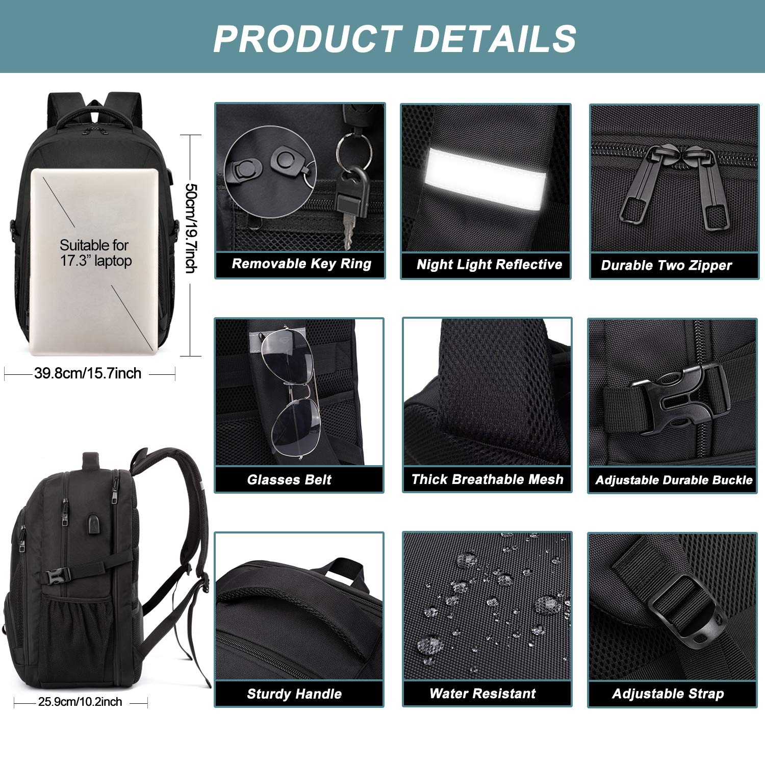 Extra Large Backpack for Men 50L,Water Resistant 17.3 inch Travel Laptop Backpack with USB Charging Port,TSA Friendly Big Business Anti Theft Computer Bag Work College School Bookbags Gifts,Black