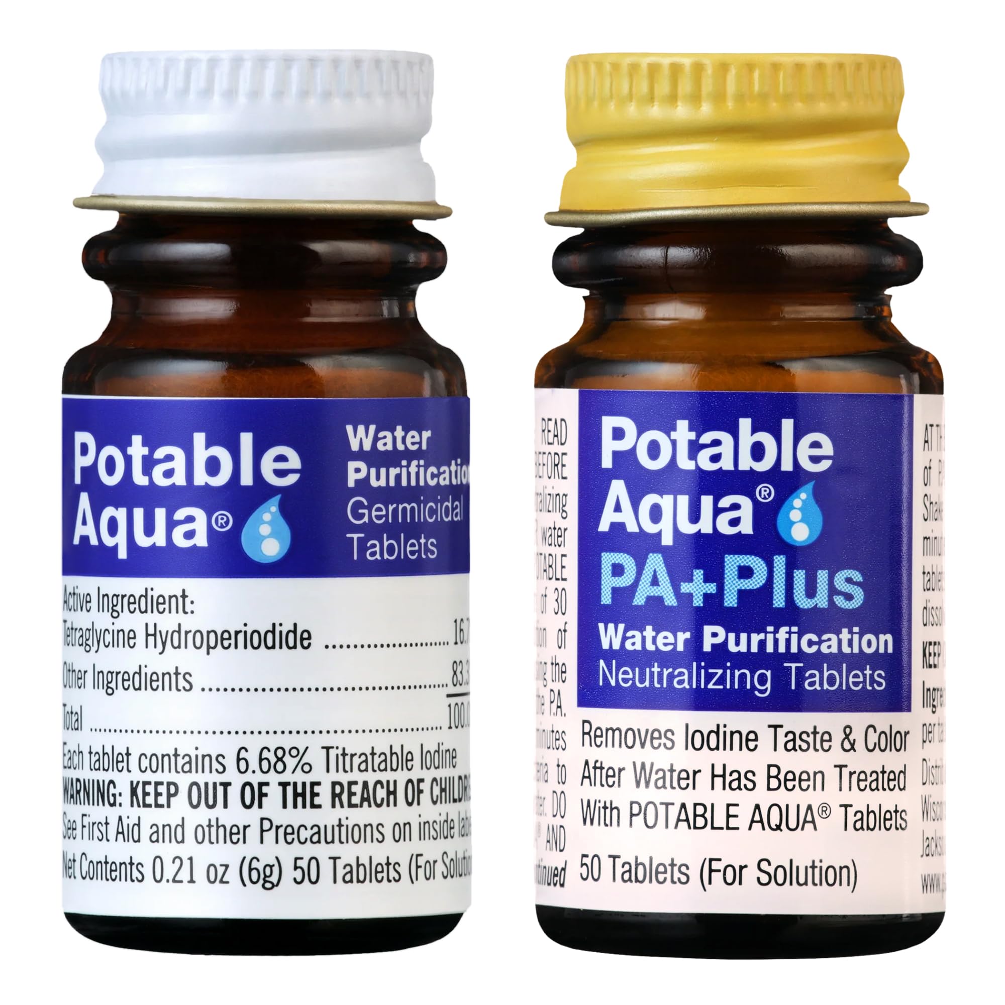 Potable Aqua Wasserreinigungstabletten mit PA Plus, tragbare und effektive Lösung für Camping, Wandern, Notfälle, Naturkatastrophen und internationale Reisen, zwei 50er-Flaschen