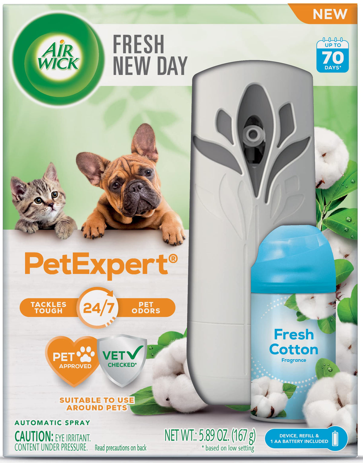 Air Wick Automatic Spray Starter Kit Fresh New Day Pet Fresh Cotton, معطر جو، زيوت عطرية، إزالة الروائح الكريهة