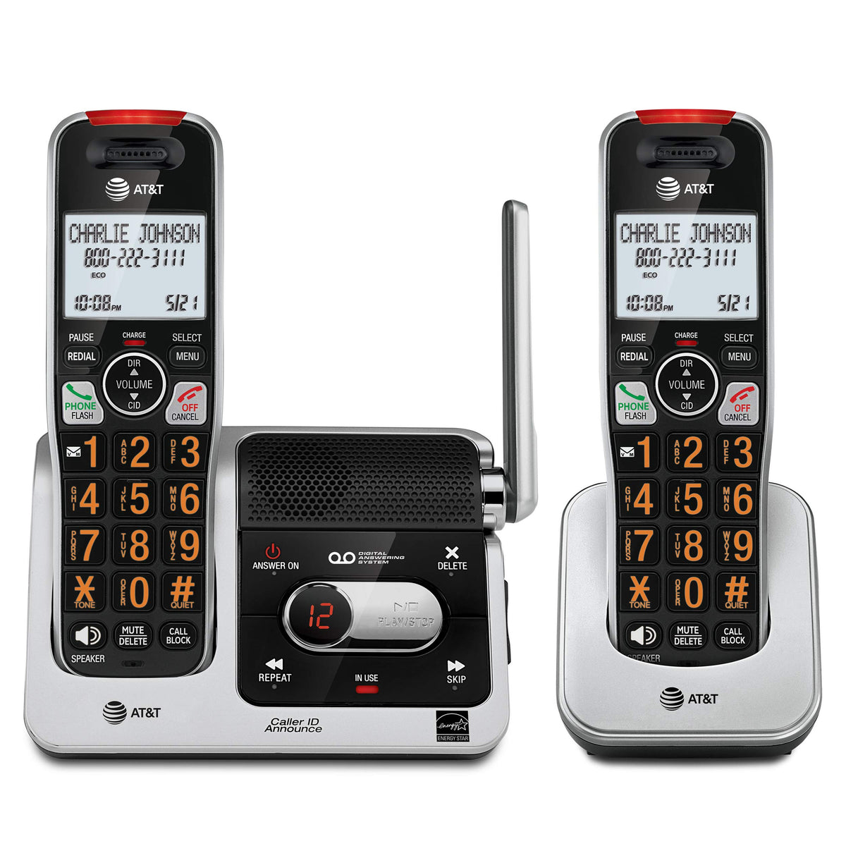 AT&T BL102-2 DECT 6.0 Schnurlostelefon mit 2 Mobilteilen für Zuhause mit Anrufbeantworter, Anrufblockierung, Anrufer-ID-Ansage, Audio-Unterstützung, Intercom und unübertroffener Reichweite, Silber/Schwarz