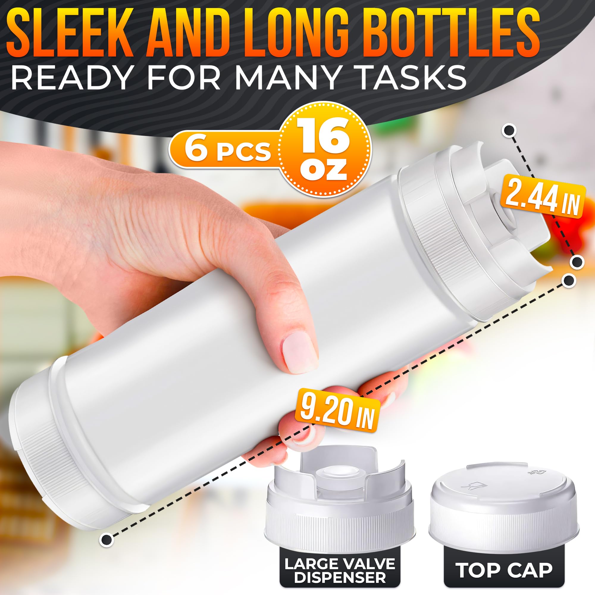 Set of 6 Condiment Squeeze Bottles for Sauces 16 oz – Easy-to-Fill Clear Bottles with Self-Closing Valve | Ready-to-Dispense for Dressings, Ketchup, Mustard & More, Durable, Reusable, Mess-Free Design