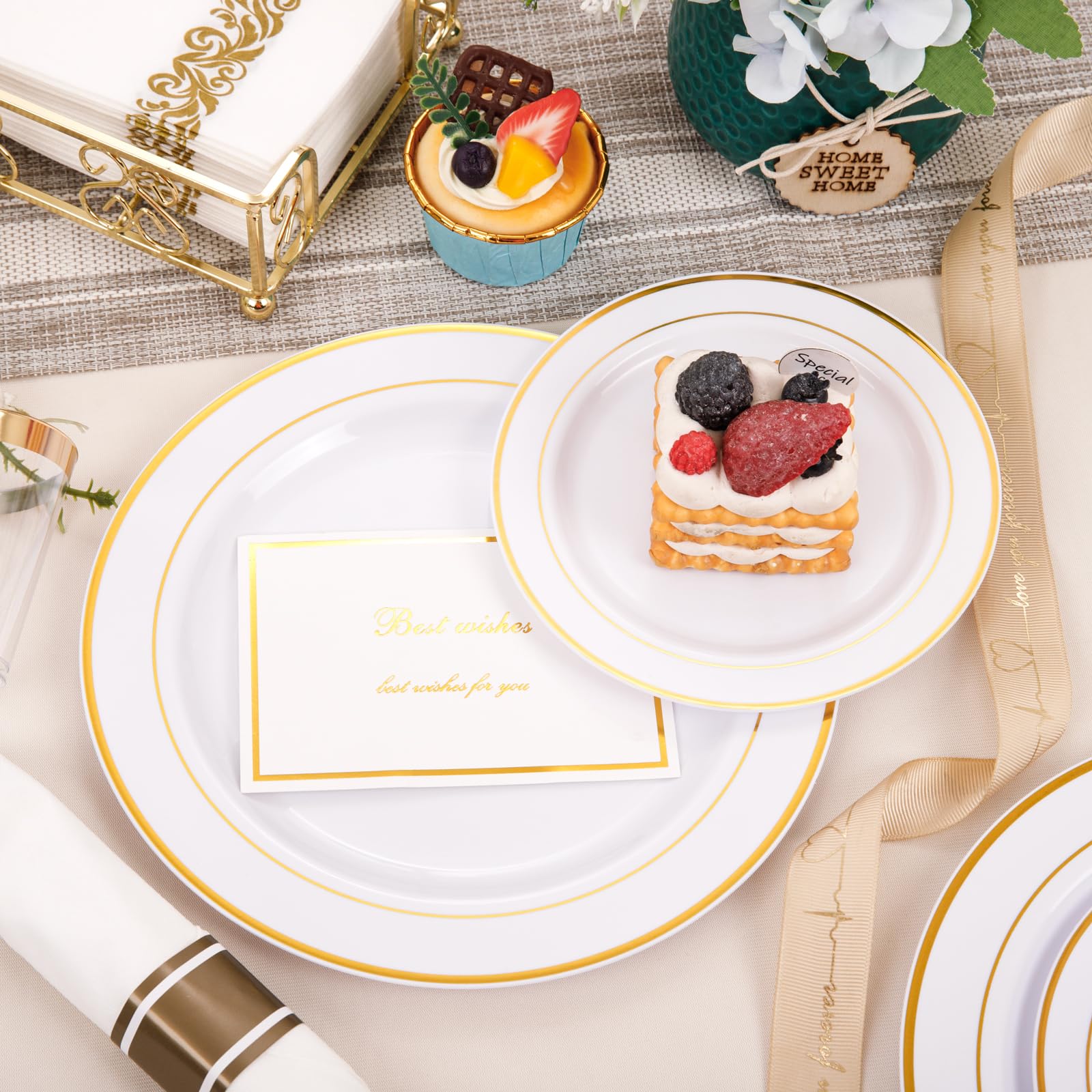 WDF Partyware 350Piece Gold Dinnerware Set for 50 Guests - Gold Plastic Plates with Disposable Cutlery Include:50Dinner Plates-50Dessert Plates-50Pre Rolled Napkins with Silverware for Thanksgiving
