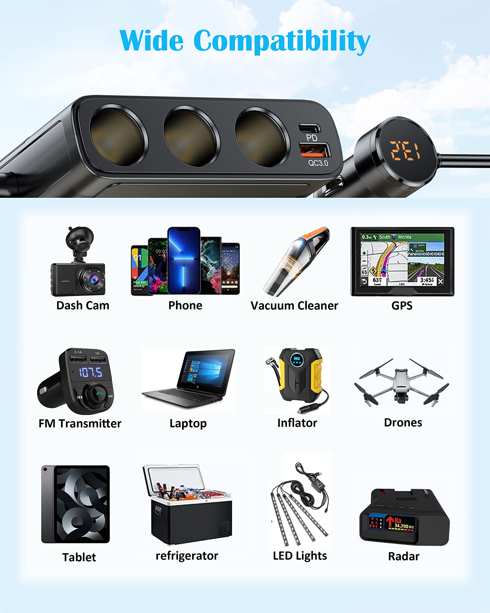7 in 1 Cigarette Lighter Splitter, LIHAN 3 Socket Car Charger Adapter, Type-C QC3.0 PD 30W Charging, Dual USB Charging Ports, Independent Switches, LED Voltmeter, Plug Outlet 12V/24V(3.3ft Cable)