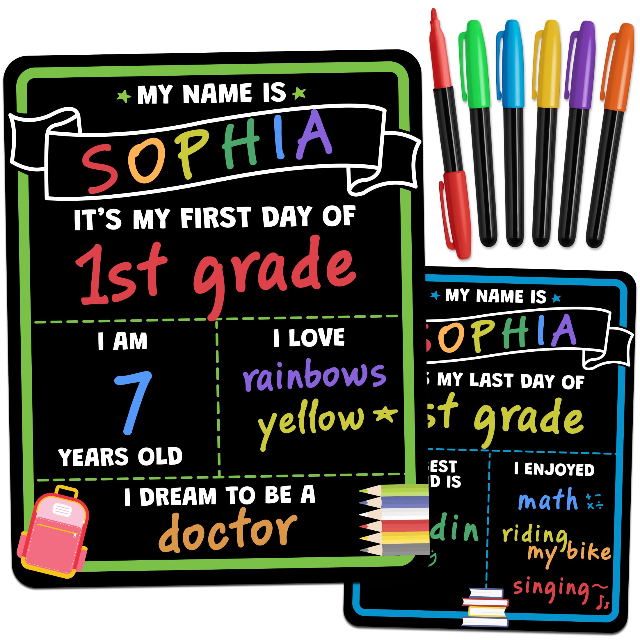 First Day of School Sign Board with Liquid Chalk Markers - 14"x11" Double-Sided & Reusable - My First and Last Day - Back to School Supplies Board for Kindergarten, Preschool