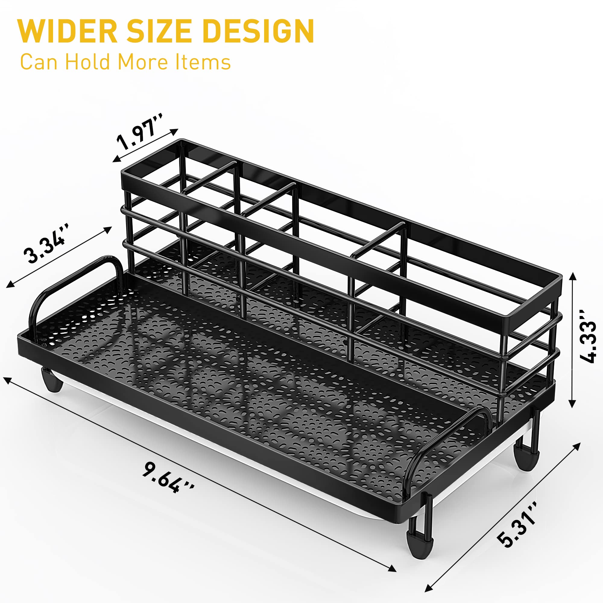 Cisily Large Kitchen Sink Caddy Organizer, Rustproof Non-Slip Soap Dish Dispenser Brush, Sponge Holder for Kitchen Sink, Kitchen Organization and Storage, Home Essentials Accessories（Black）