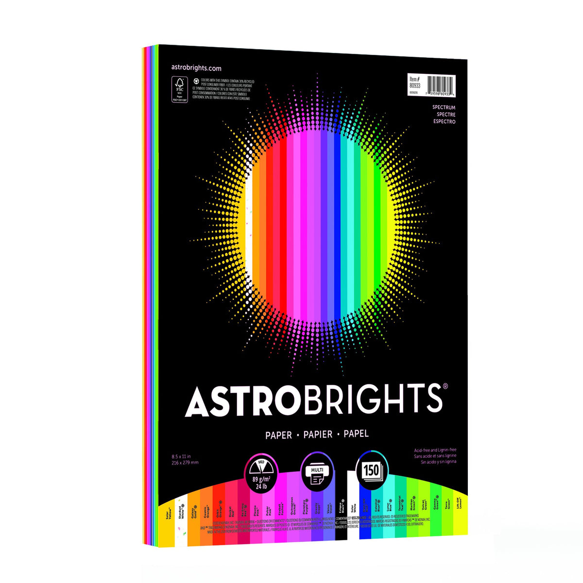 Astrobrights Color Paper, 8.5" x 11", 24 lb/89 gsm, Spectrum 25-Color Assortment, 150 Sheets (80933-01)