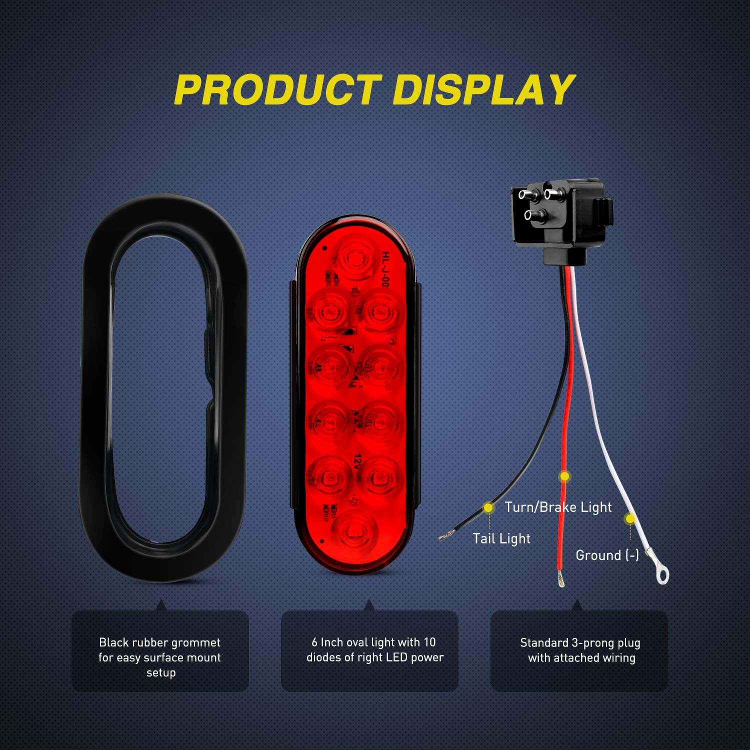 Nilight - TL-01 6" Oval Red LED Tail 2PCS w/Surface Mount Grommets Plugs IP65 Waterproof Stop Brake Turn Trailer Lights for RV Truck Jeep