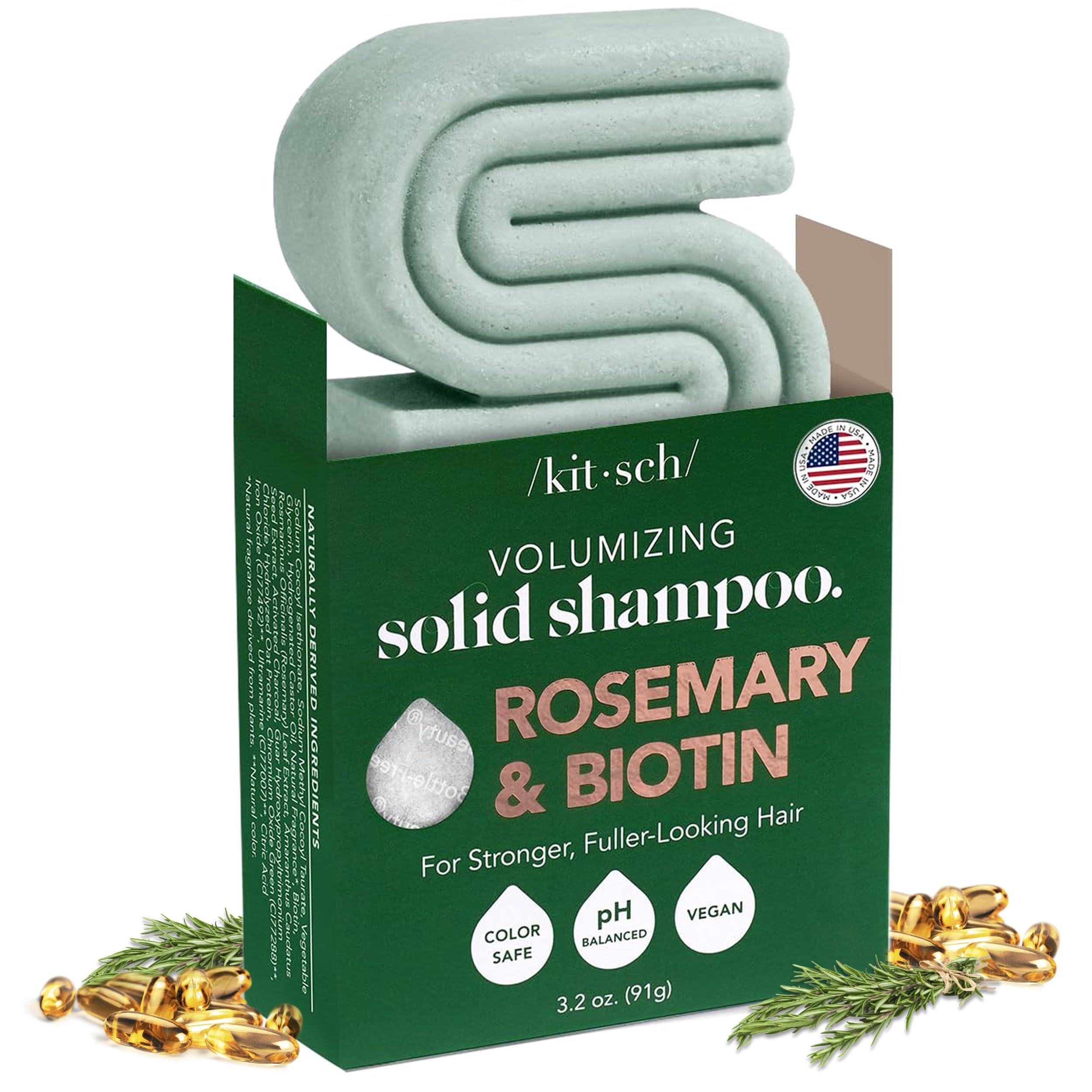 Kitsch Rosemary & Biotin Shampoo Bar - For Hair Growth, Strengthening, Thickening & Volumizing Shampoo for Women and Men - Free of Parabens, Sulfates & Silicones - Made in USA - 3.2 oz