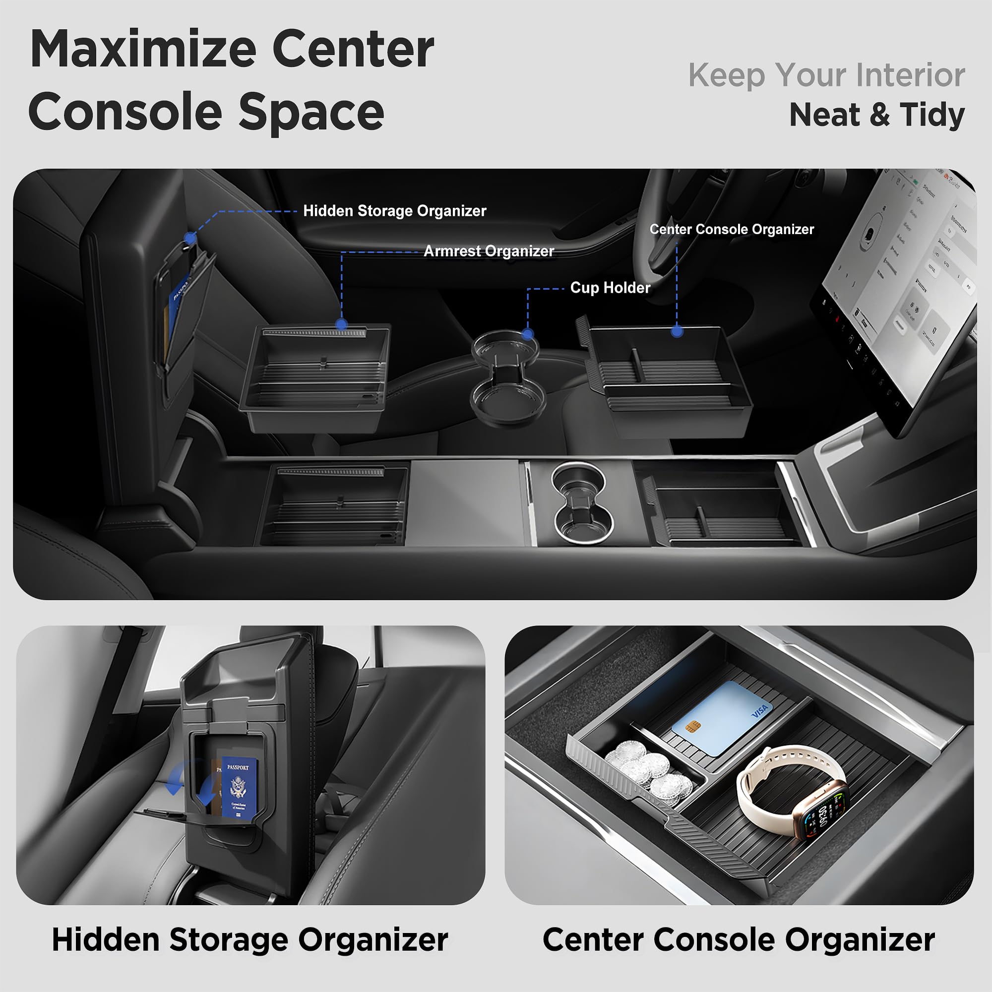 TSLDRV Center Console Organizer Tray for Tesla Model Y Juniper Accessories 2025 2026/For Tesla Model 3 Highland Accessories 2024 2025 2026 [Slide Smoothly/US Patent] Cup Holder Matte Black