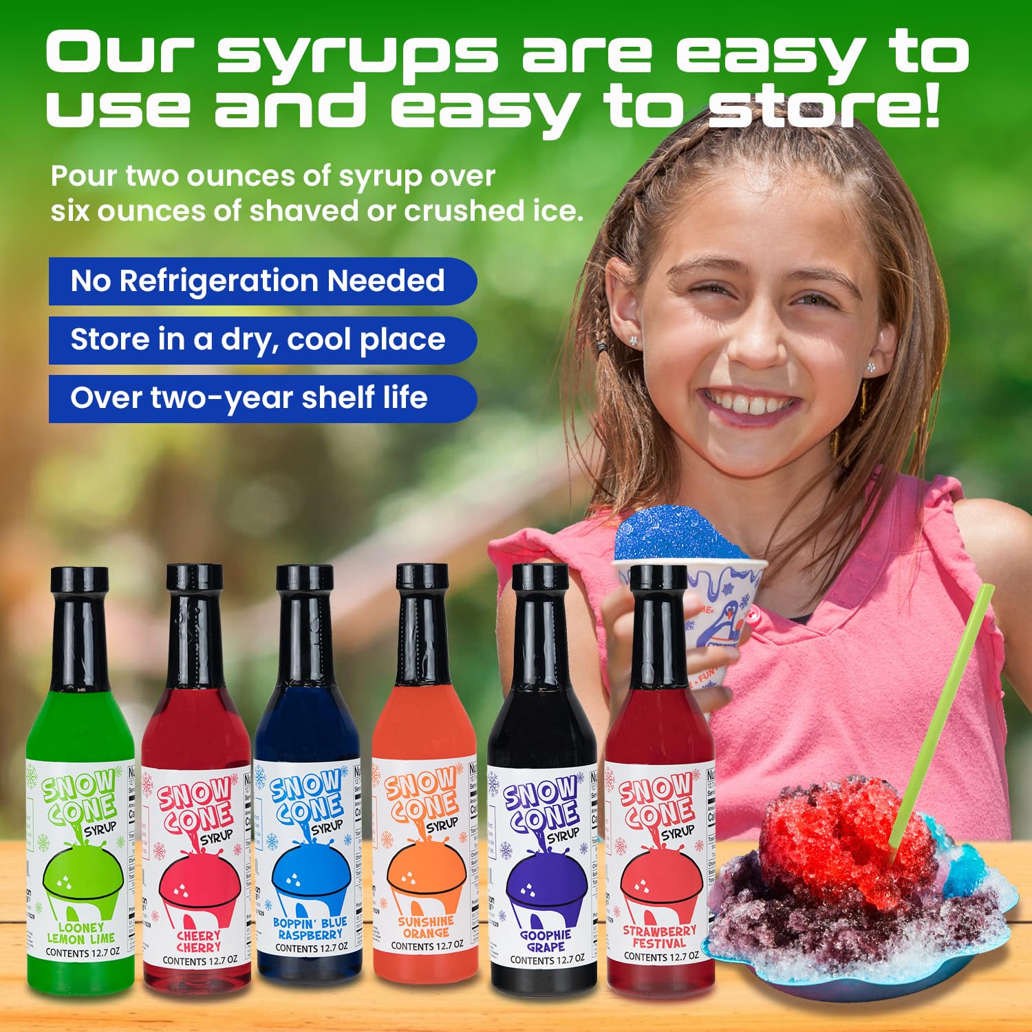 12.7oz Snow Cone Syrups (6 Pack W/Cups/Straws)