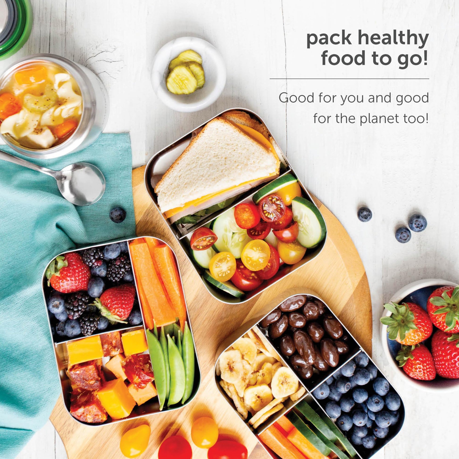 LunchBots Medium Trio II Snack Container - Divided Stainless Steel Food Container - 3 Sections for Snacks On the Go, Dishwasher Safe - Stainless Steel