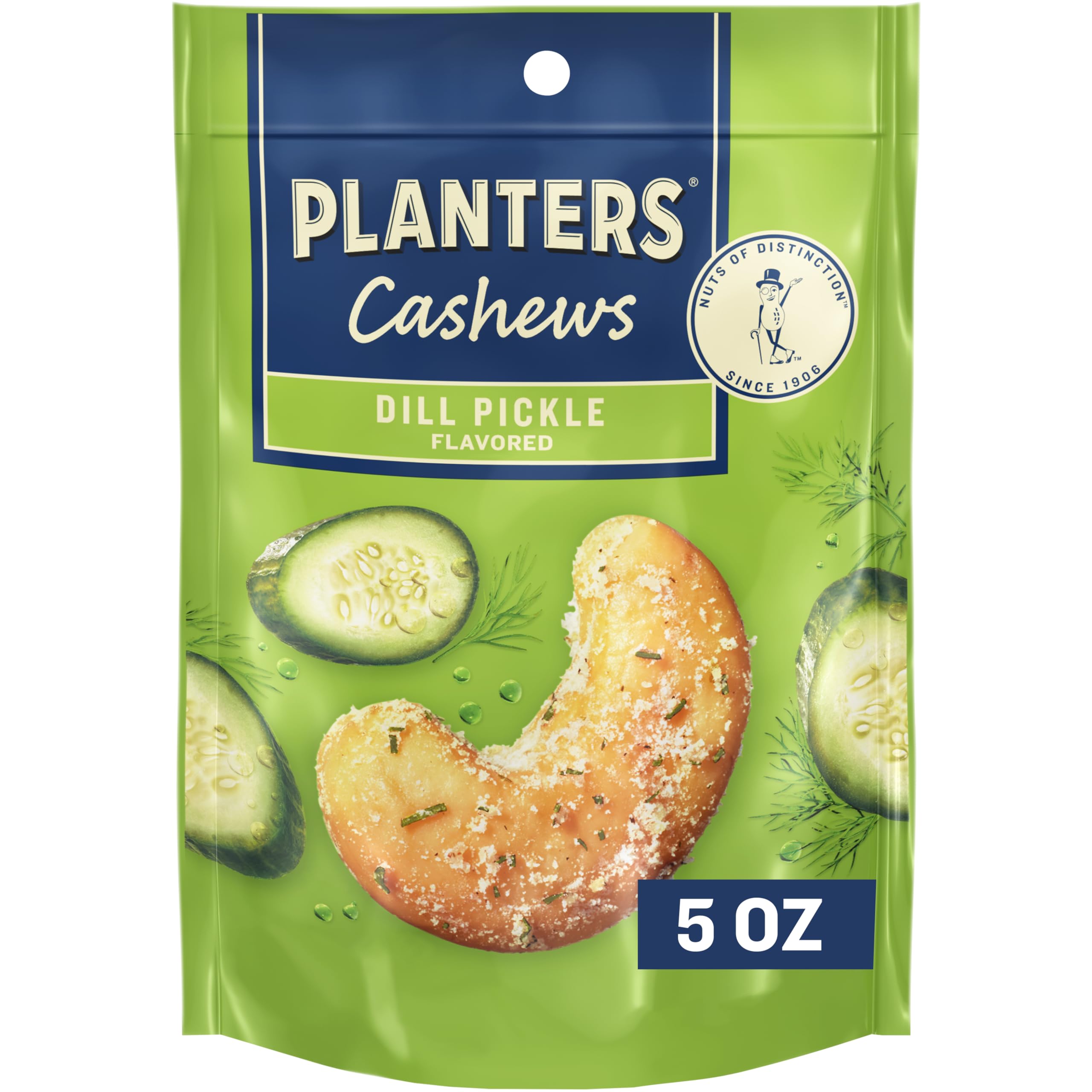 PLANTERS كاجو بالخلل والشبت - عبوات وجبات خفيفة مشكلة جاهزة للأكل - وجبات خفيفة بالخلل والشبت، عبوات وجبات خفيفة، وجبات خفيفة مشكلة للحفلات، كيس 5 أونصة، عبوة واحدة