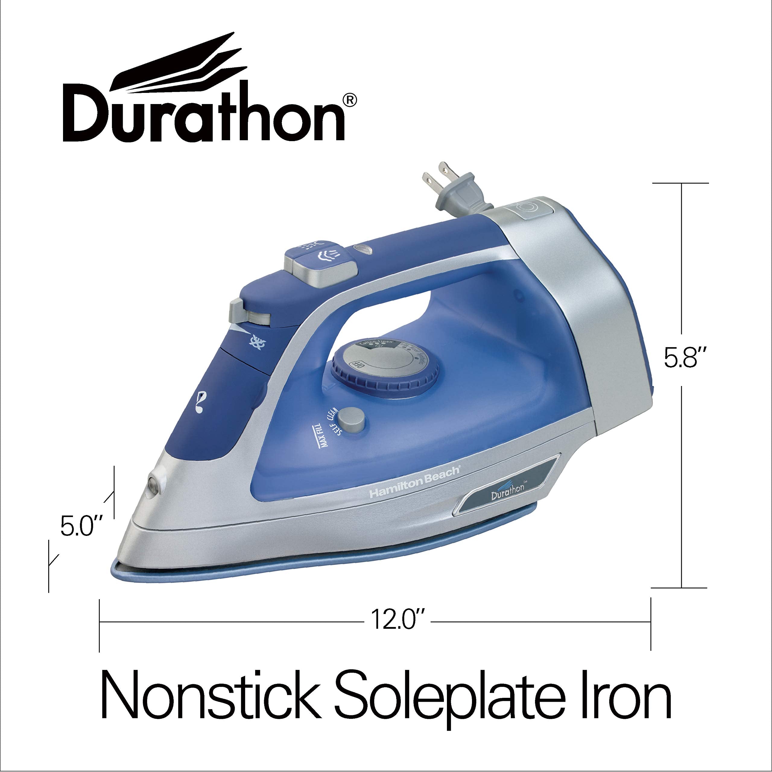 Hamilton Beach Steam Iron & Vertical Steamer for Clothes with Scratch-Resistant Durathon Soleplate, 8' Retractable Cord, 3-Way Auto Shutoff, Anti-Drip, 1500 Watts, Blue