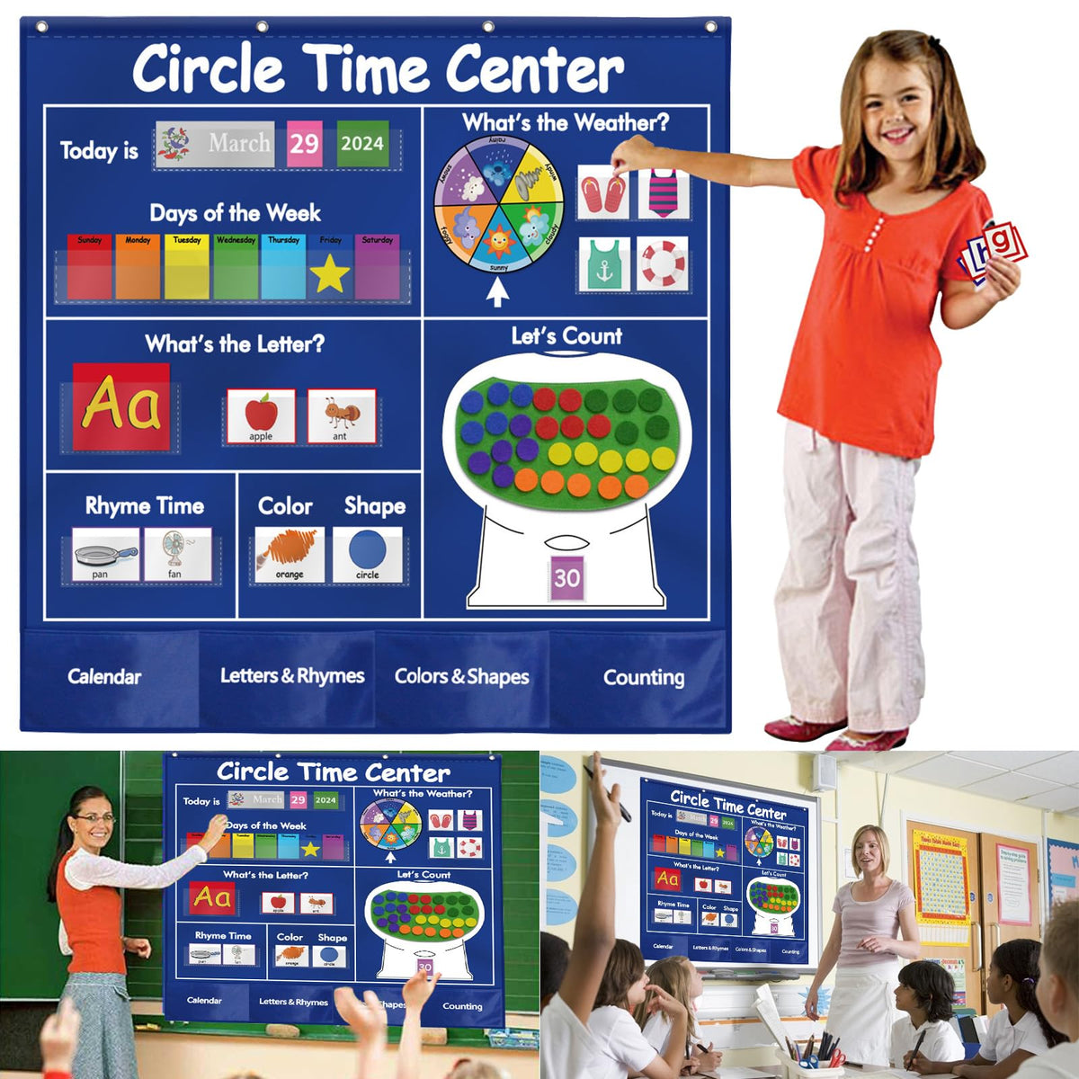 KIKIGOAL Circle Time Center Klassenzimmer-Taschenplaner Pädagogischer Taschenplaner Lehrmaterialien Lernkalender Wetter Zählen Buchstabe Farbe Form etc.