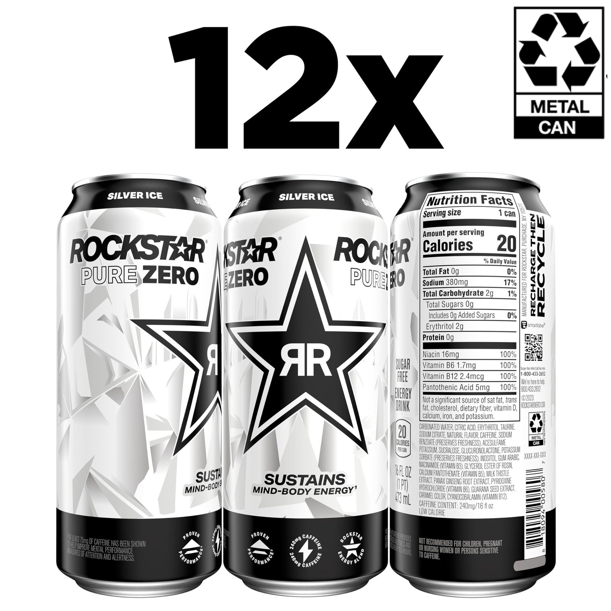 Rockstar Pure Zero Energy Drink, Silver Ice, 0 Sugar, with Caffeine and Taurine, 16oz Cans (Pack of 12) (Packaging May Vary)